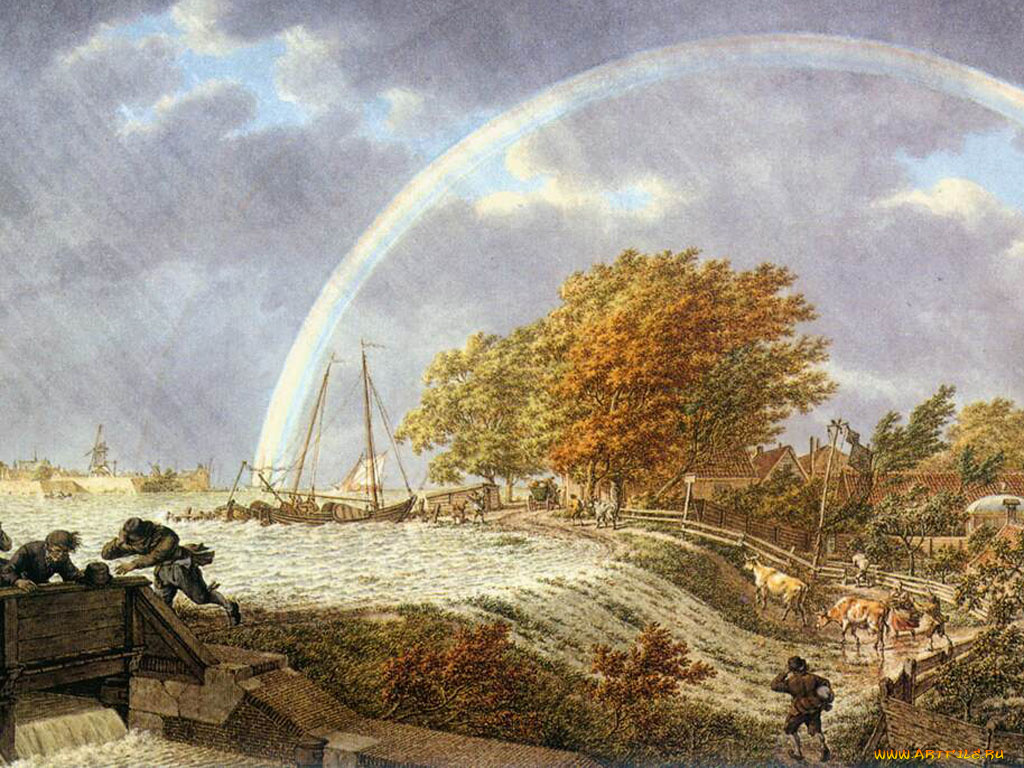 autumn, landscape, with, rainbow, рисованные, jacob, cats