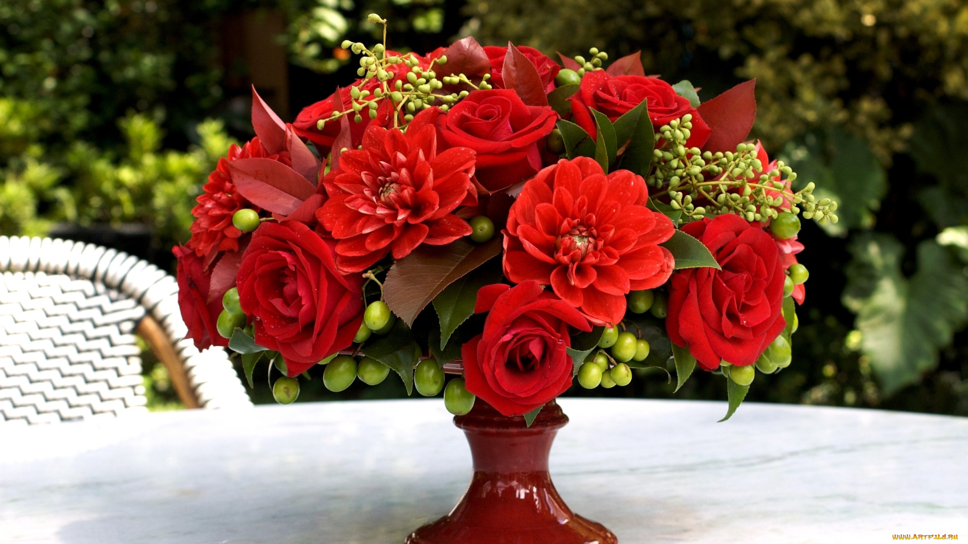 цветы, букеты, композиции, красный, георгины, розы