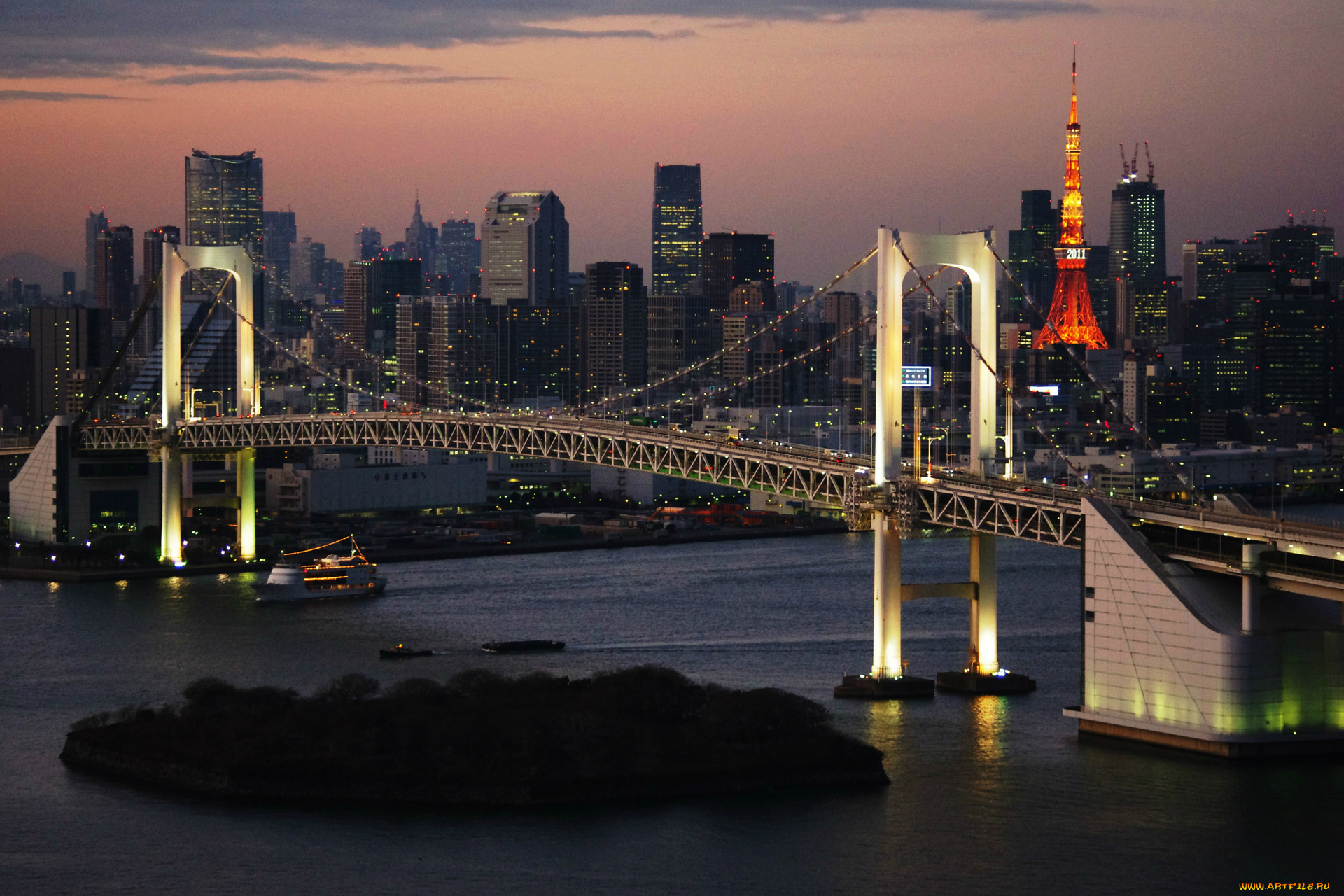 города, токио, Япония, река, вечер, город