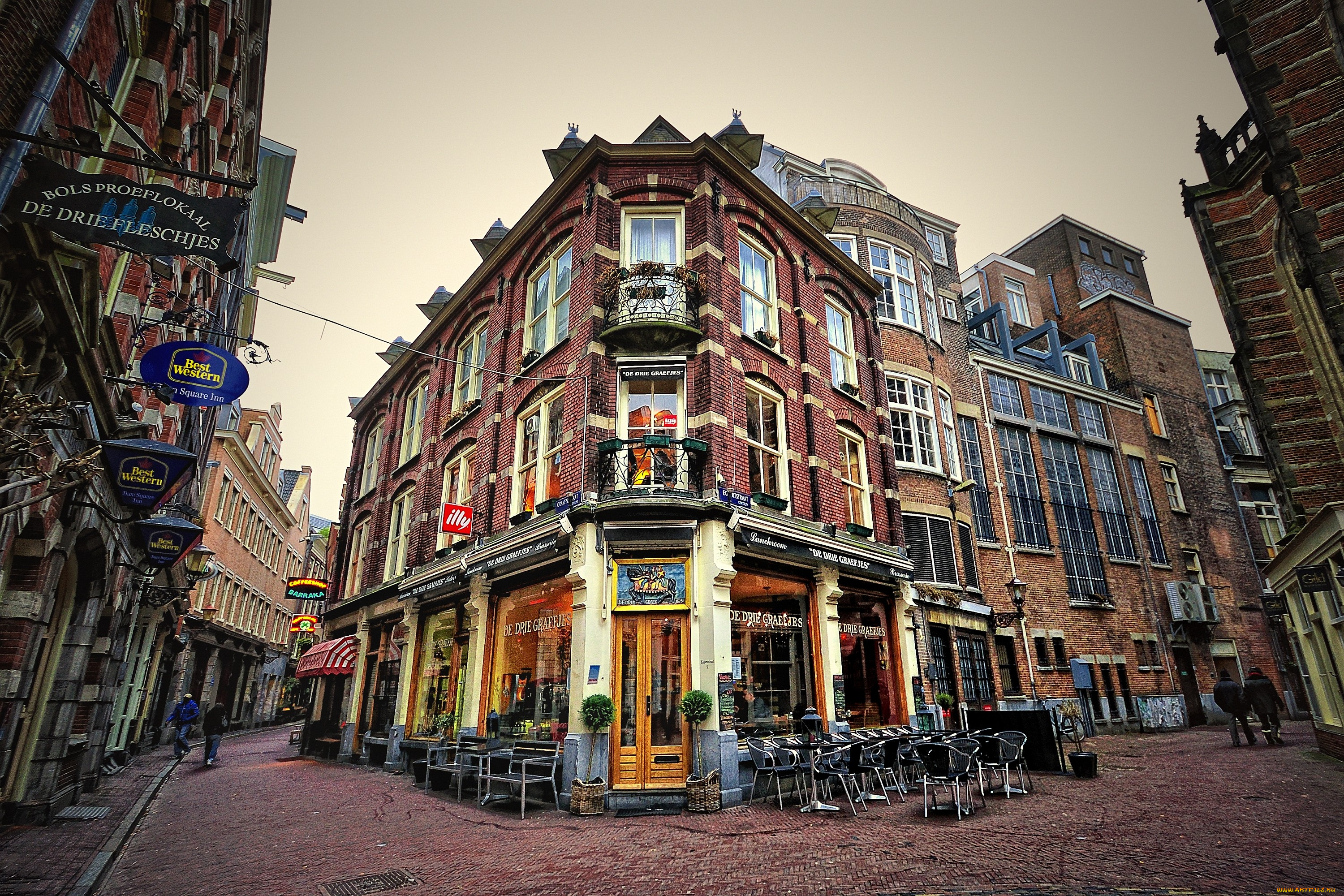амстердам, нидерланды, города, брусчатка, кафе, вывески, дом, улица