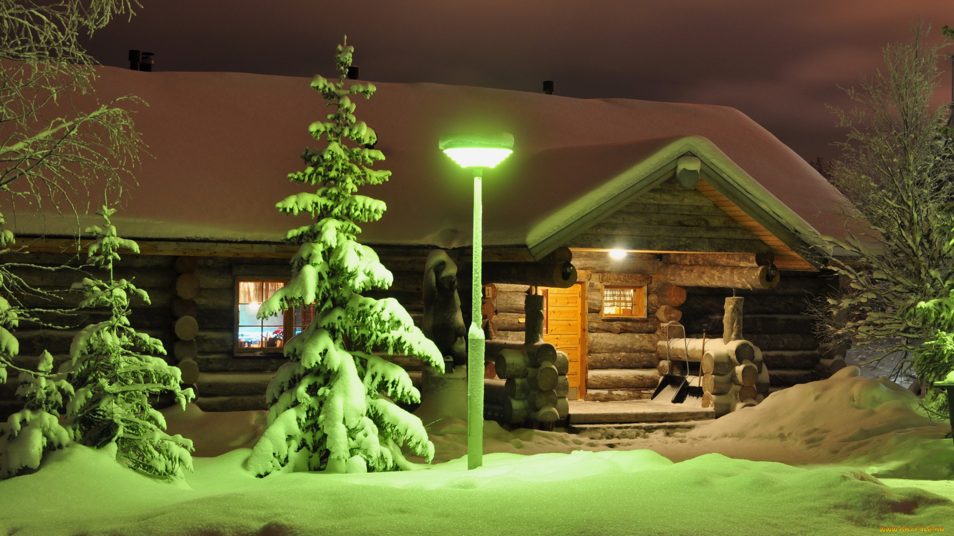 лапландия, финляндия, разное, сооружения, постройки, дом, огни, ночь, зима, снег