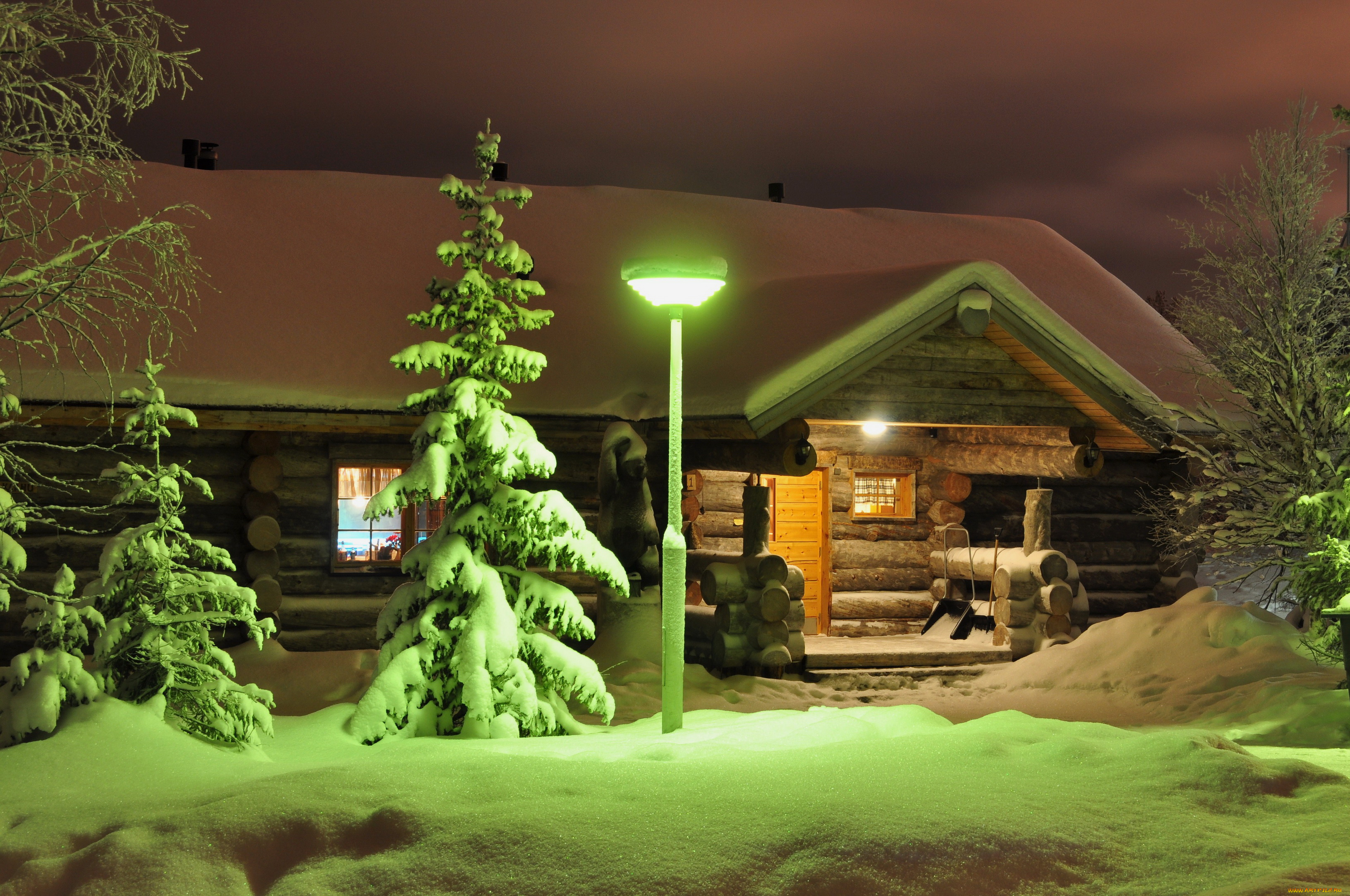 лапландия, финляндия, разное, сооружения, постройки, дом, огни, ночь, зима, снег
