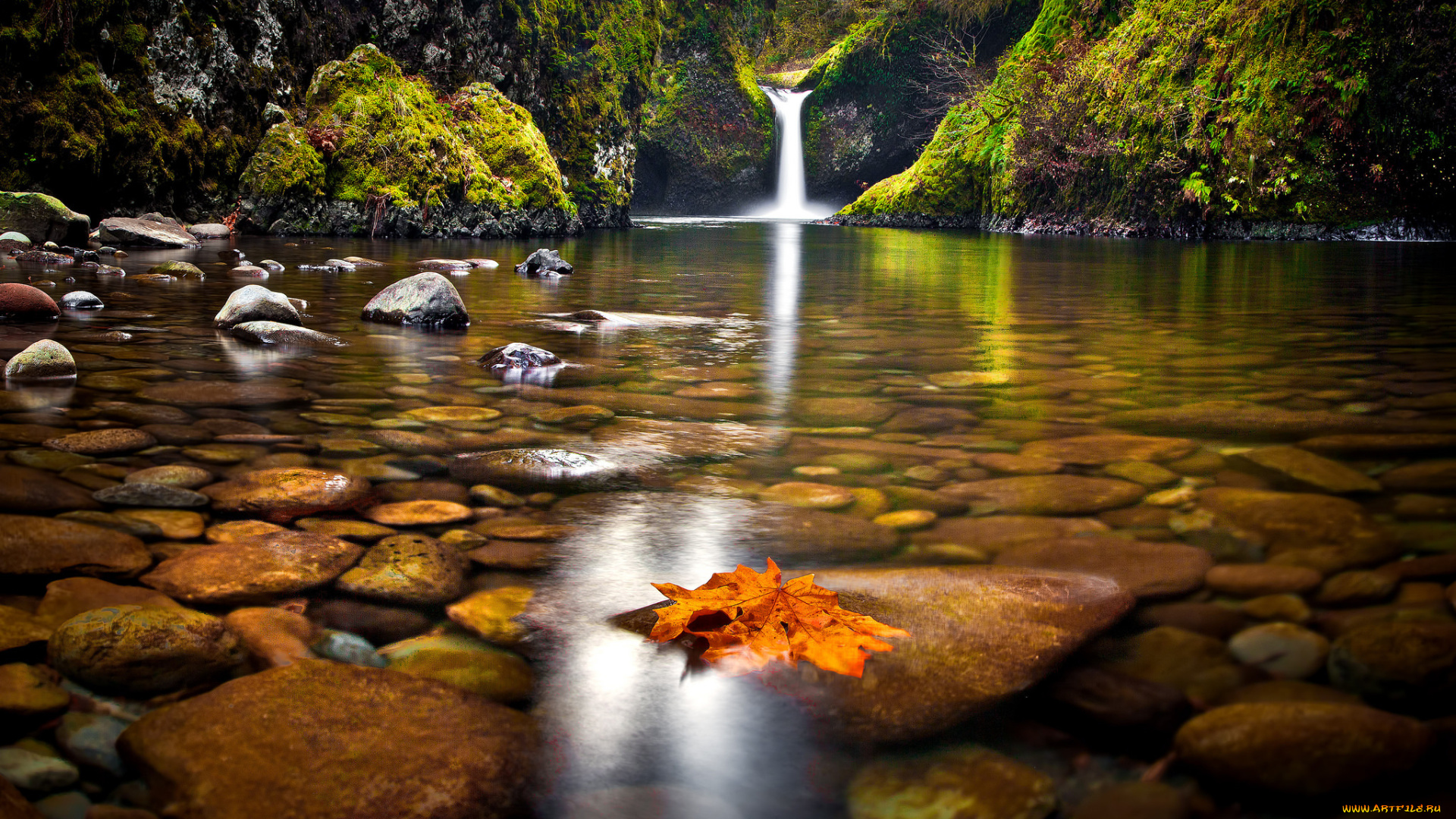 природа, водопады, камни, озеро, деревья, лес, осень, лист
