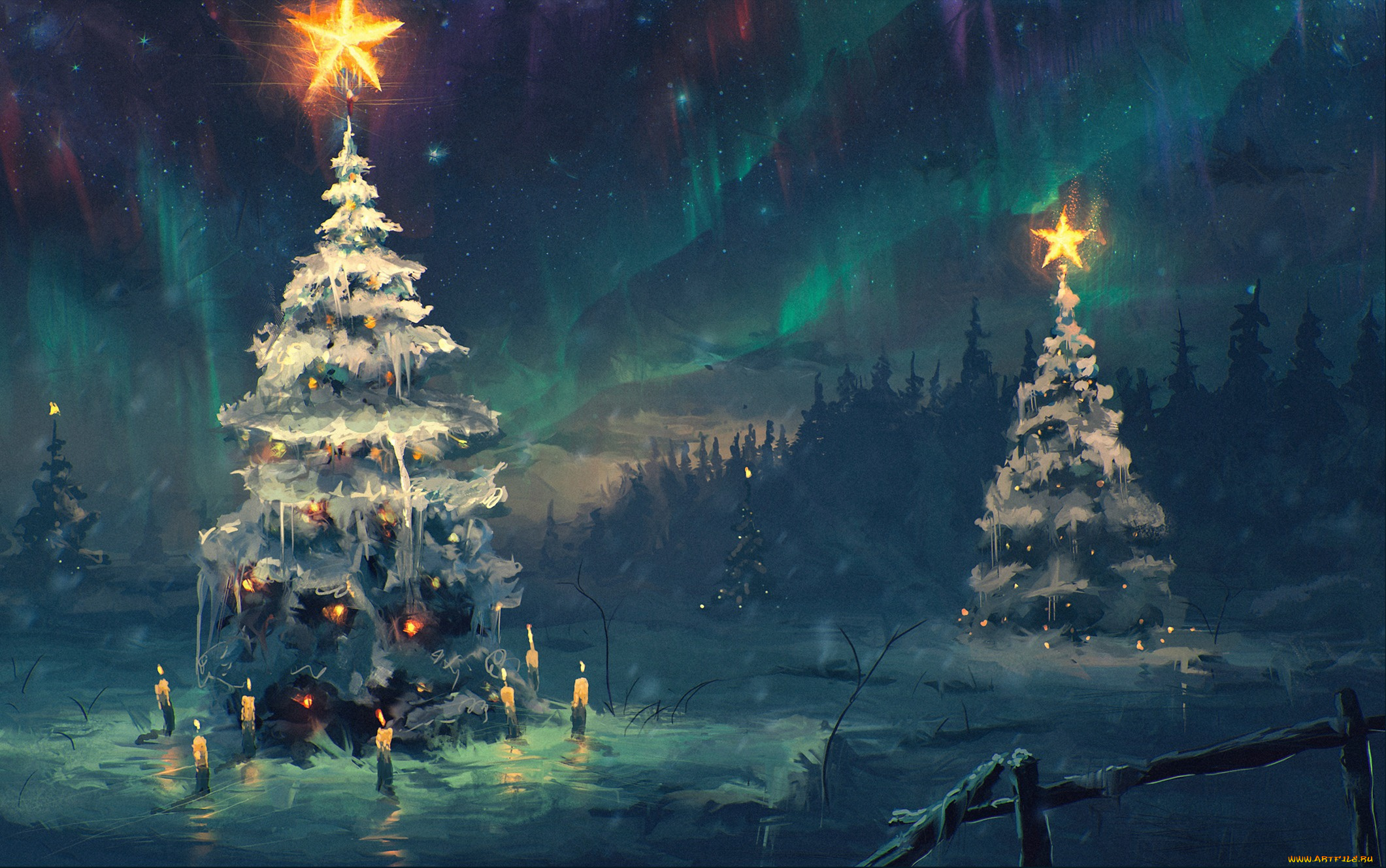 праздничные, рисованные, елки, зима, ночь