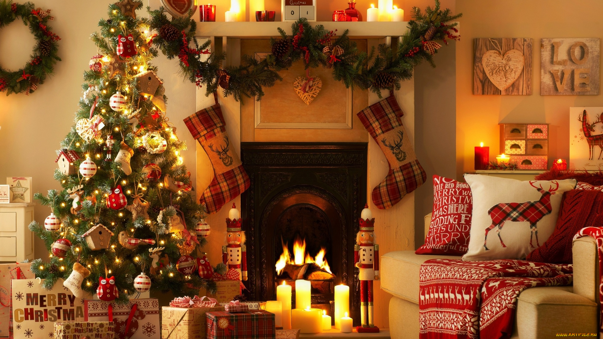 праздничные, новогодний, очаг, подарки, кресло, свечи, ёлка, украшения, камин