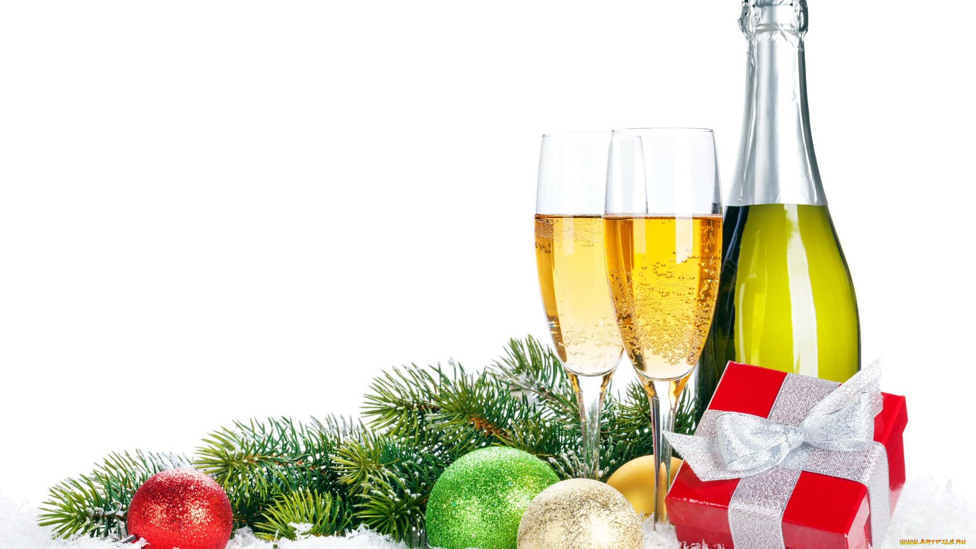 праздничные, угощения, подарок, ветка, шарики, шампанское