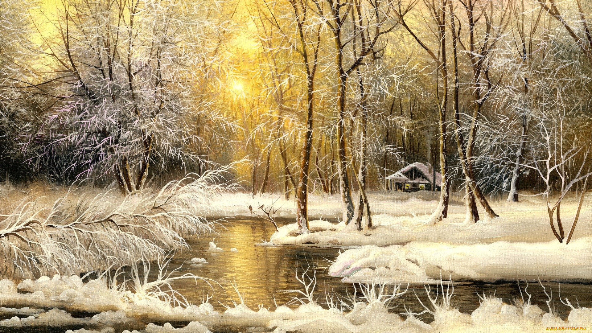 рисованное, природа, зима, река, лес