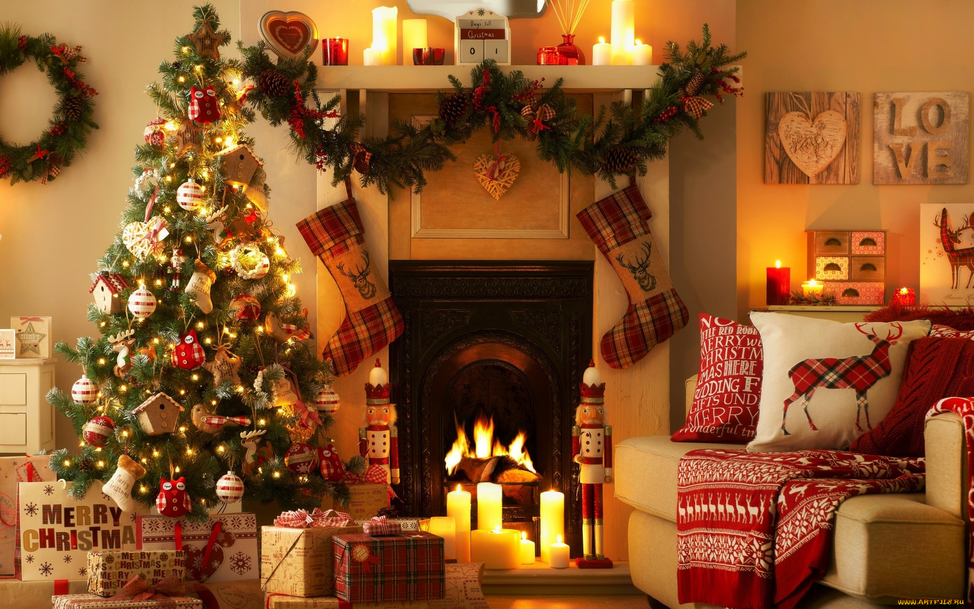 праздничные, новогодний, очаг, подарки, кресло, свечи, ёлка, украшения, камин