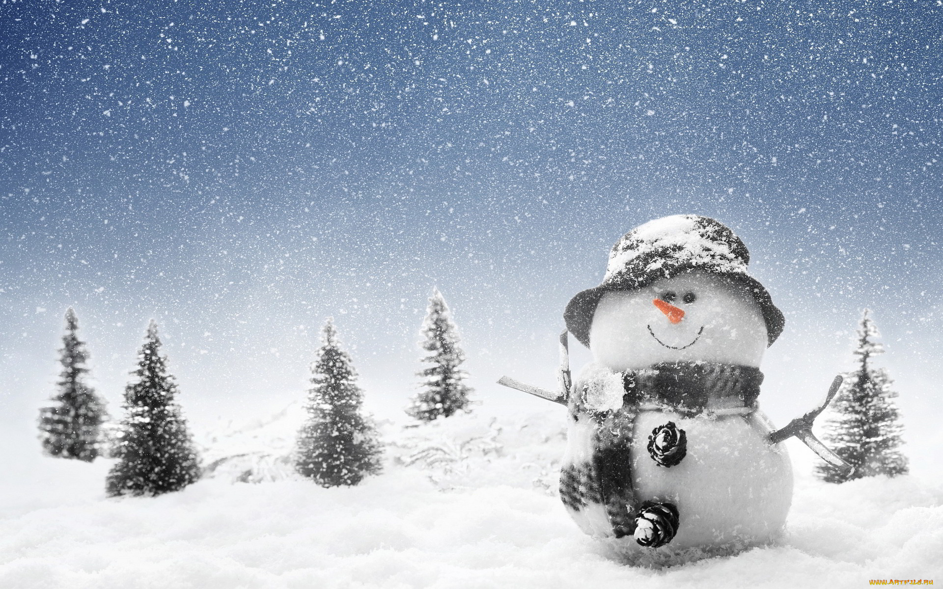 праздничные, снеговики, ёлки, снегопад, снег, снеговик