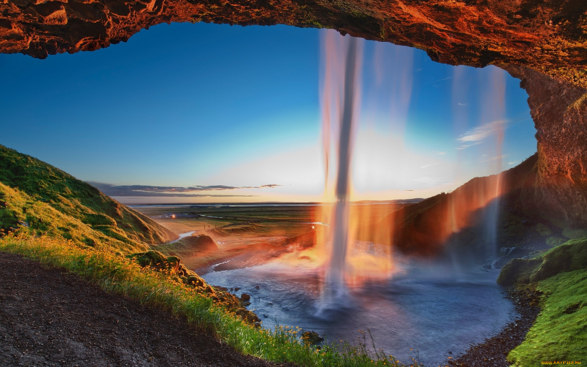 водопад, селйяландсфосс, , исландия, природа, водопады, закат, вечер, озеро, небо, чаша, скалы