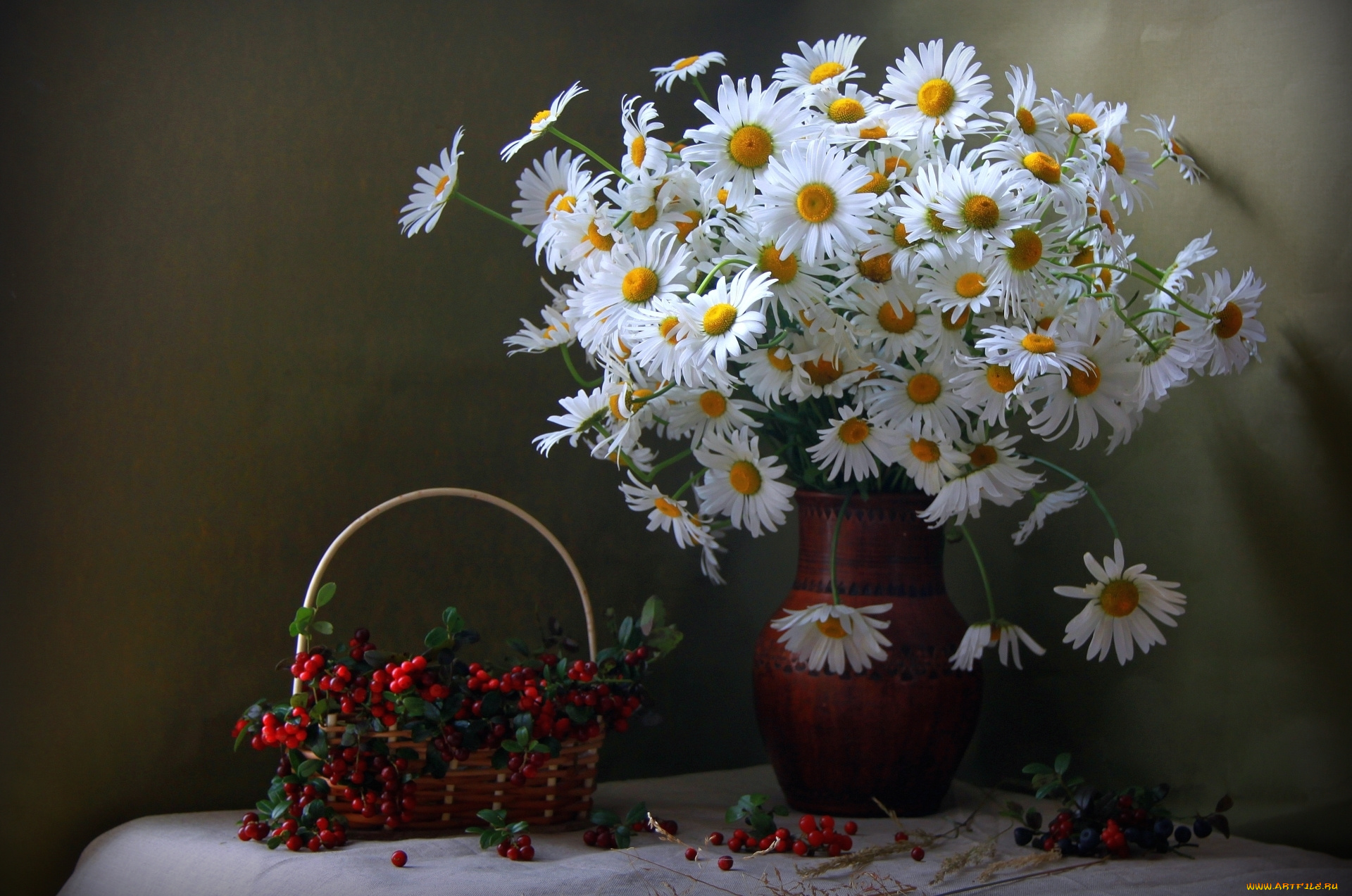 цветы, ромашки, брусника, ягоды, корзина, букет