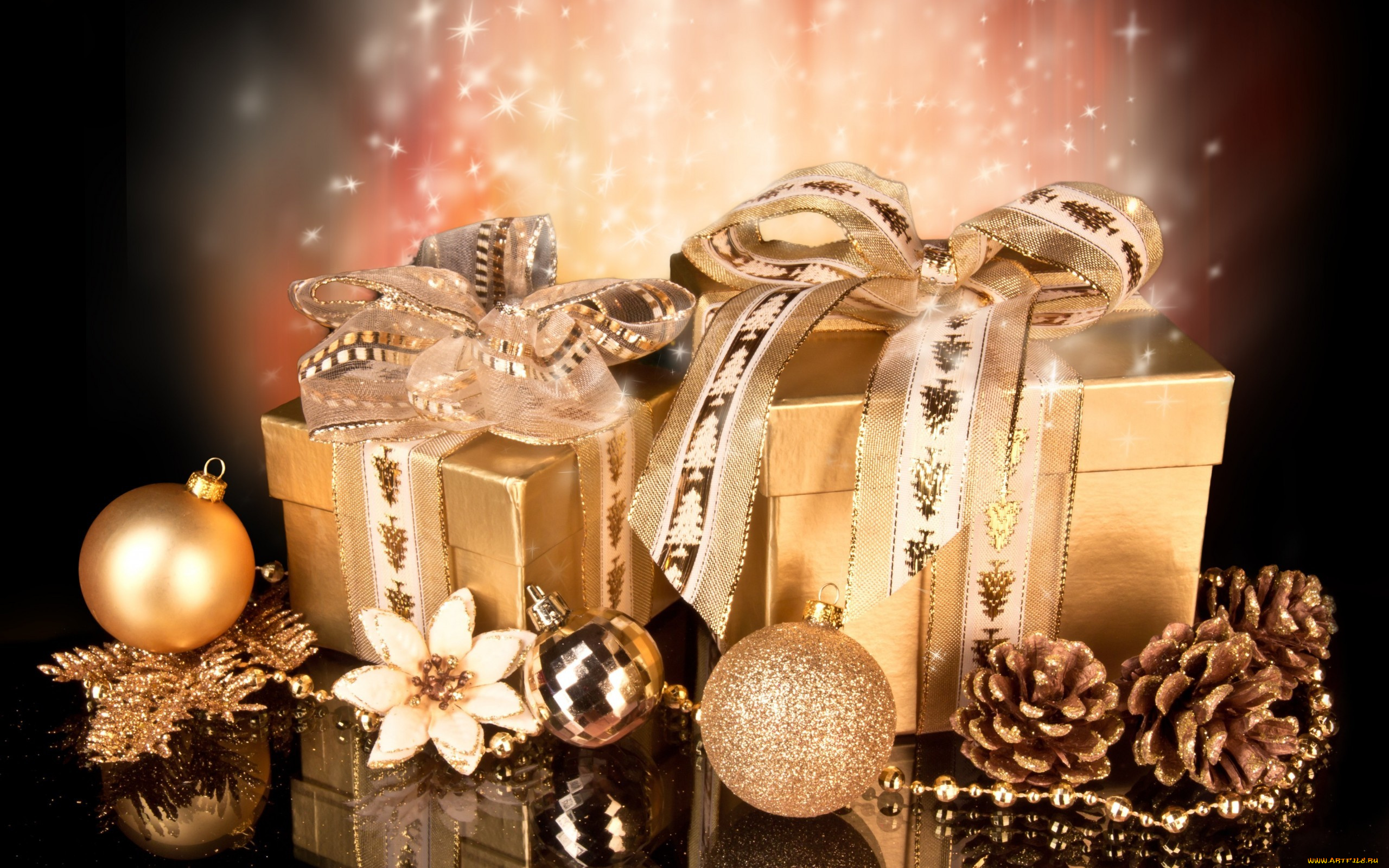 праздничные, подарки, и, коробочки, шишки, шары, подарки, сияние, лента, позолота