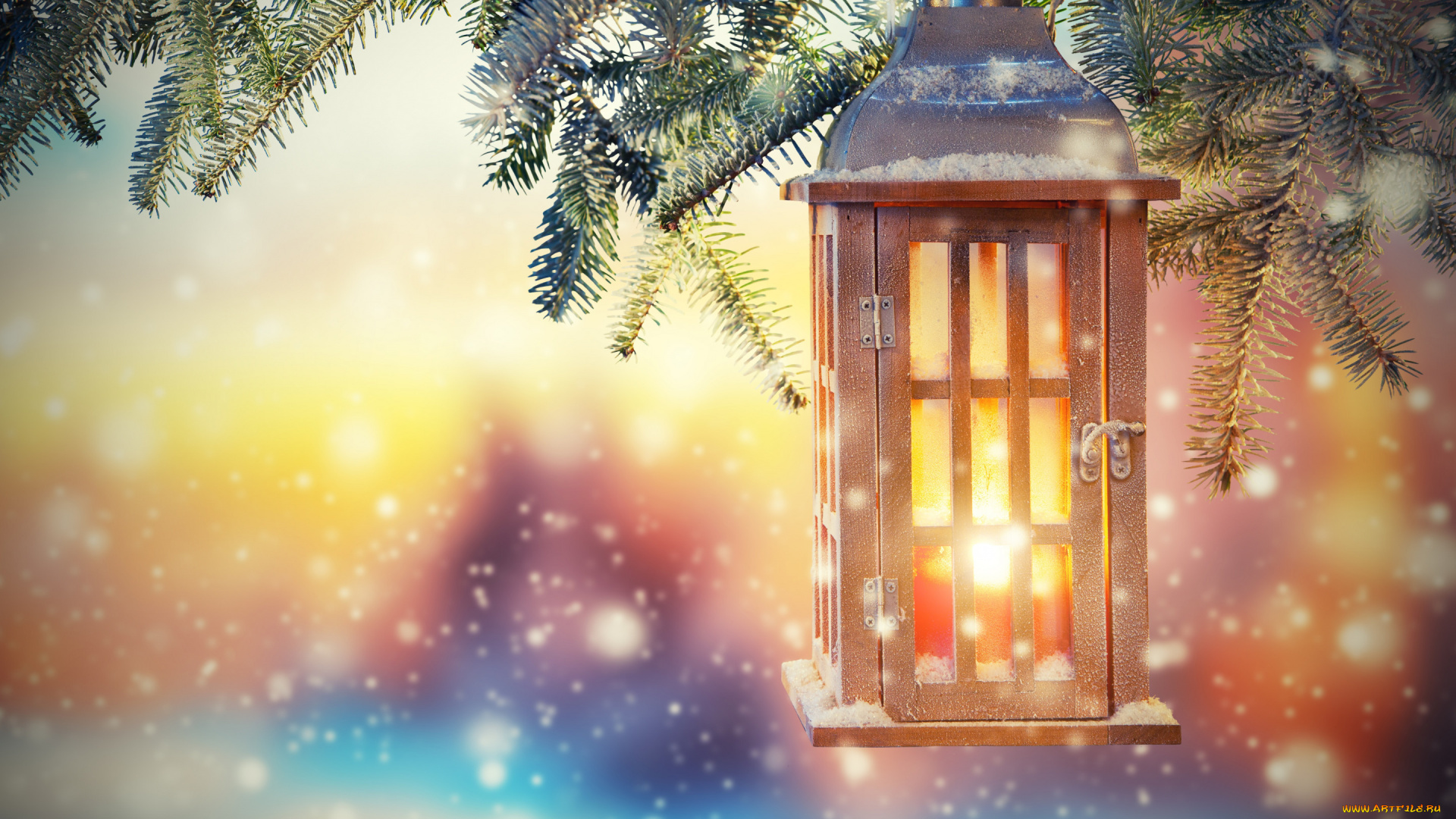 свет, праздничные, новогодние, свечи, рождество, фонарь, ёлка, снег
