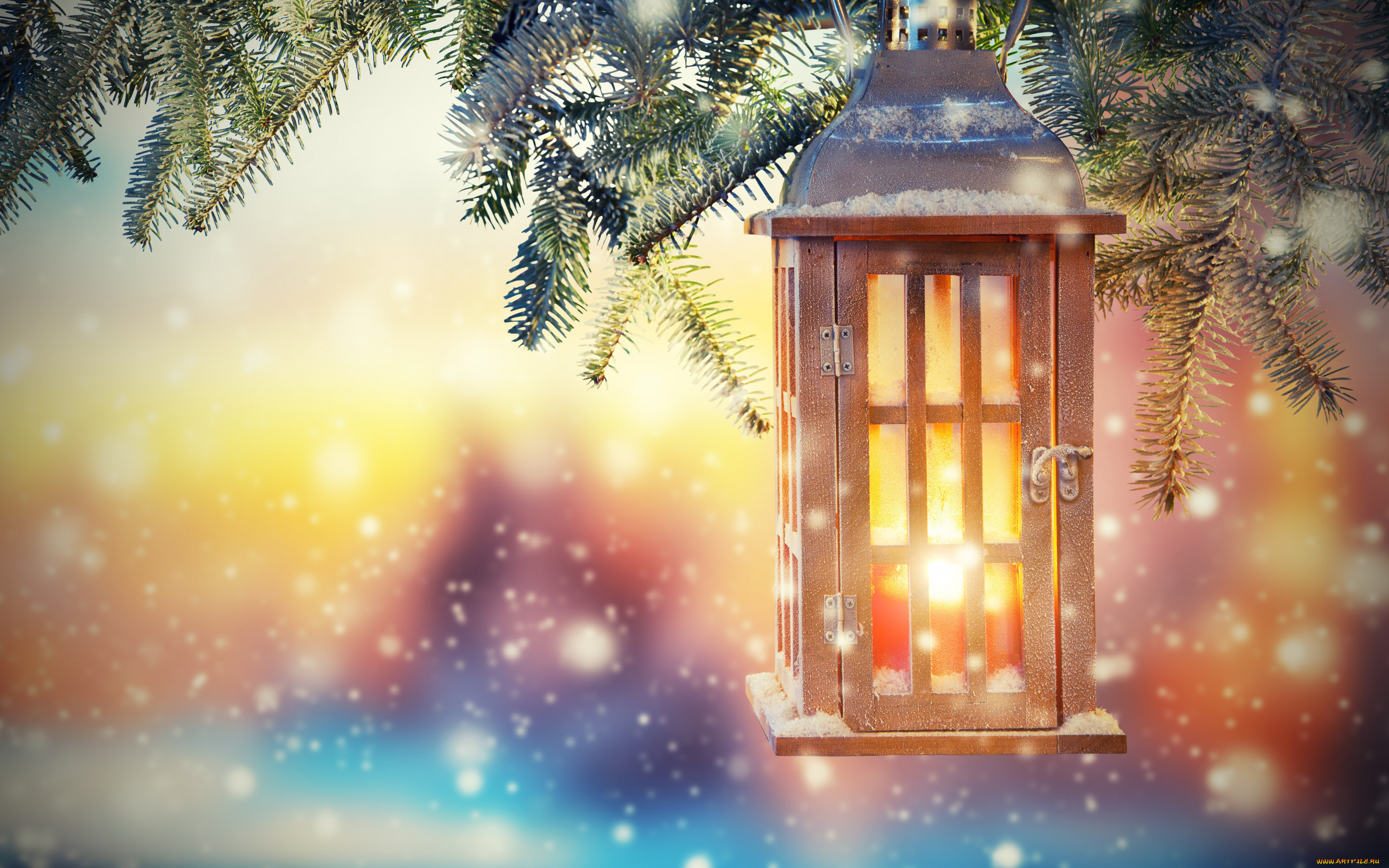 свет, праздничные, новогодние, свечи, рождество, фонарь, ёлка, снег