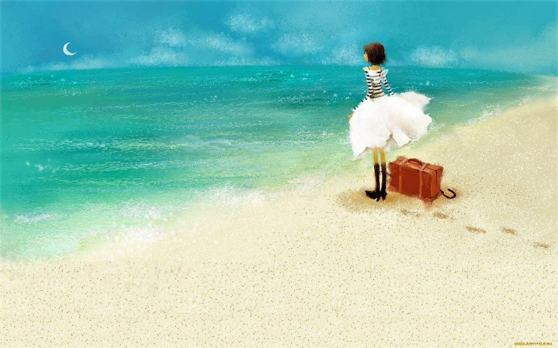 рисованное, люди, девочка, чемодан, море, песок, следы