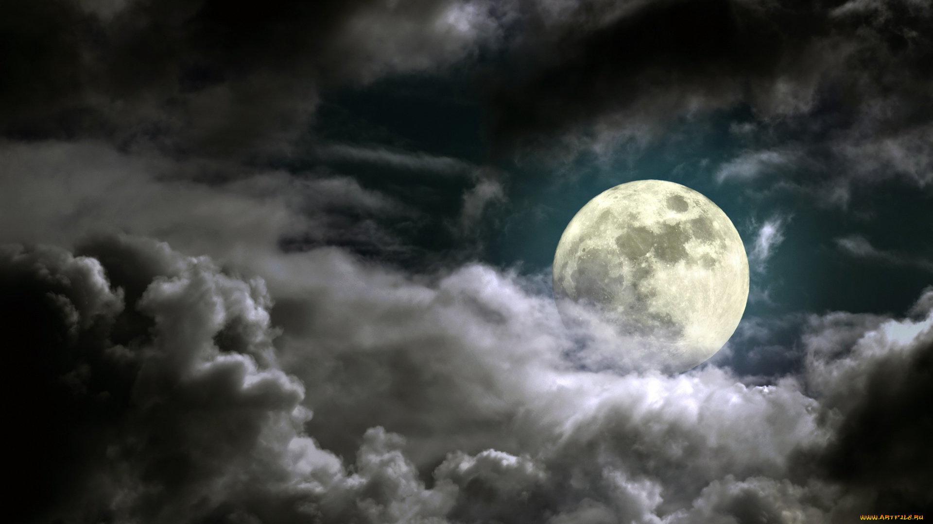 природа, облака, полнолуние, луна, ночь, небо