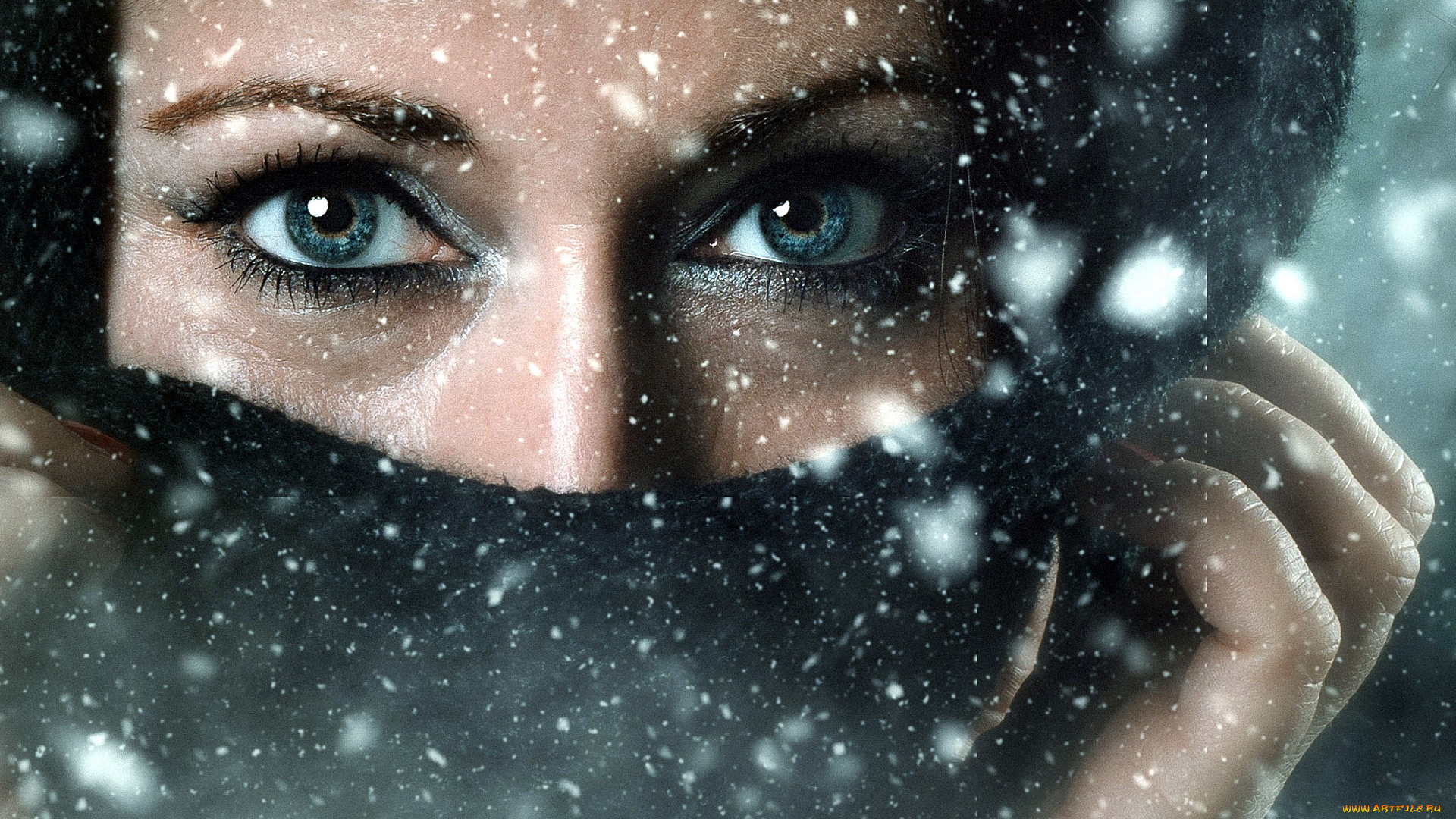 разное, глаза, снег, женщина, шарф