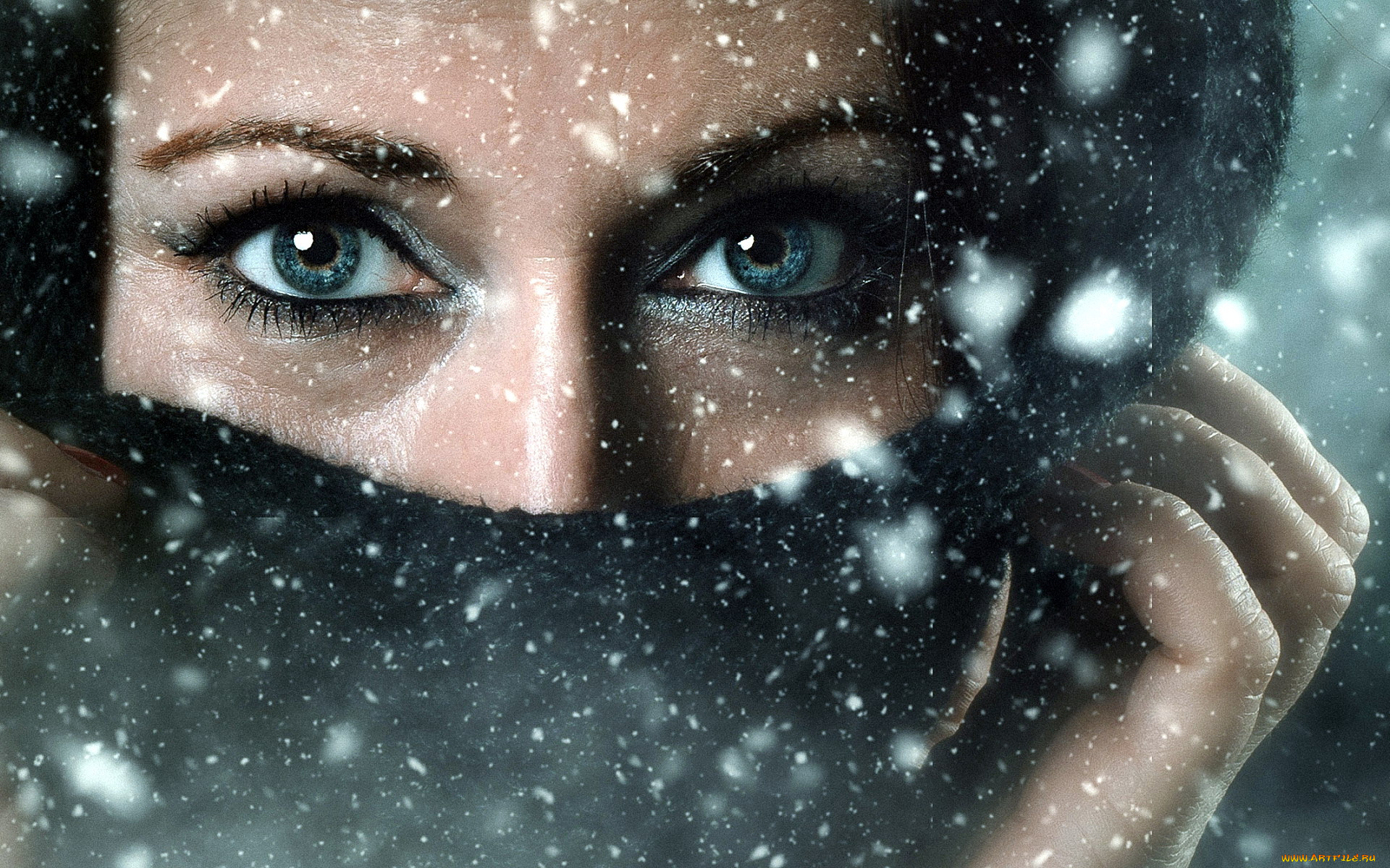 разное, глаза, снег, женщина, шарф