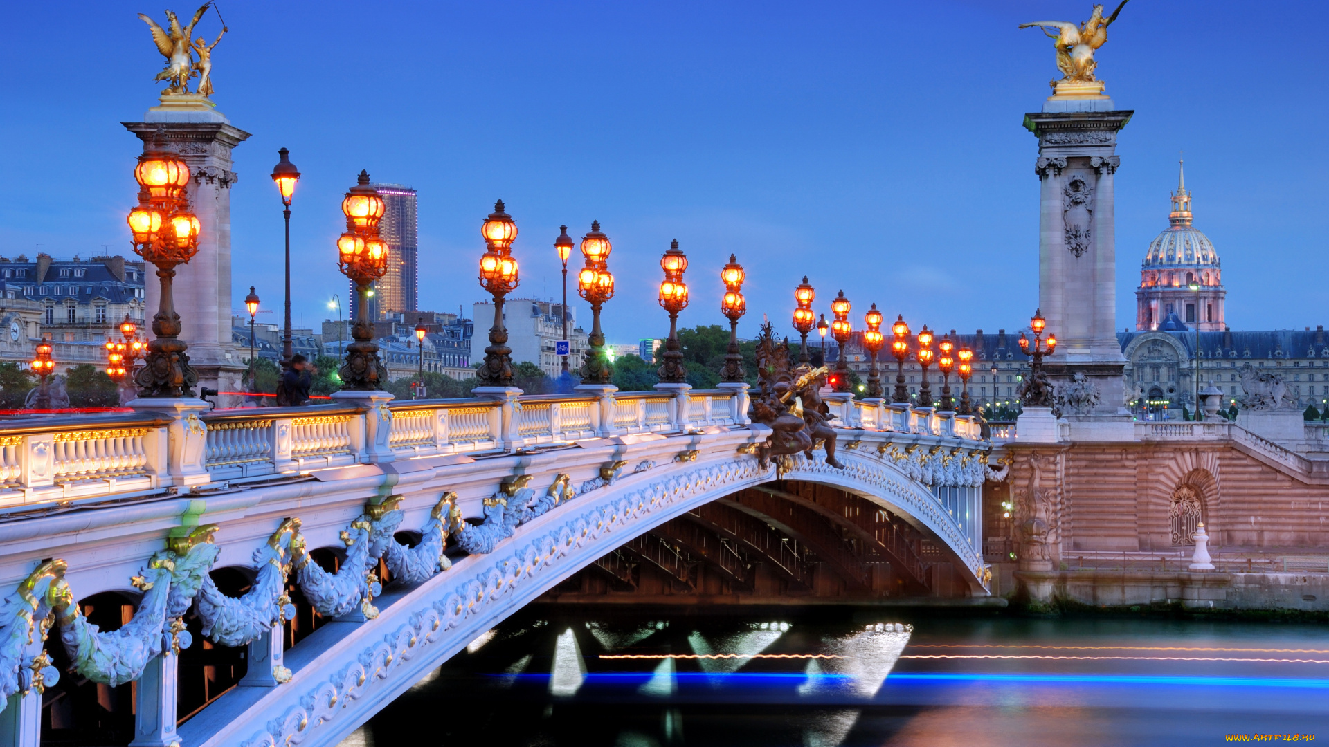 города, париж, , франция, фонари, мост, ночь, река, дома, париж