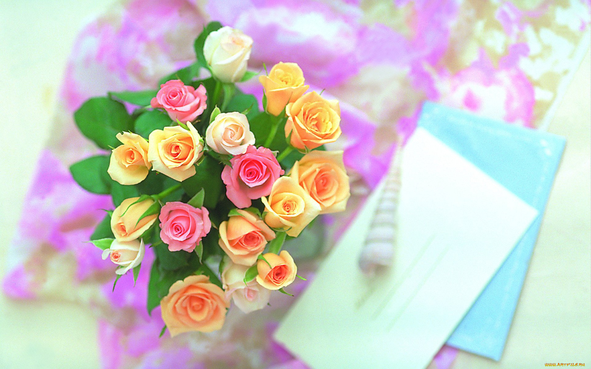 цветы, розы, букет, конверт