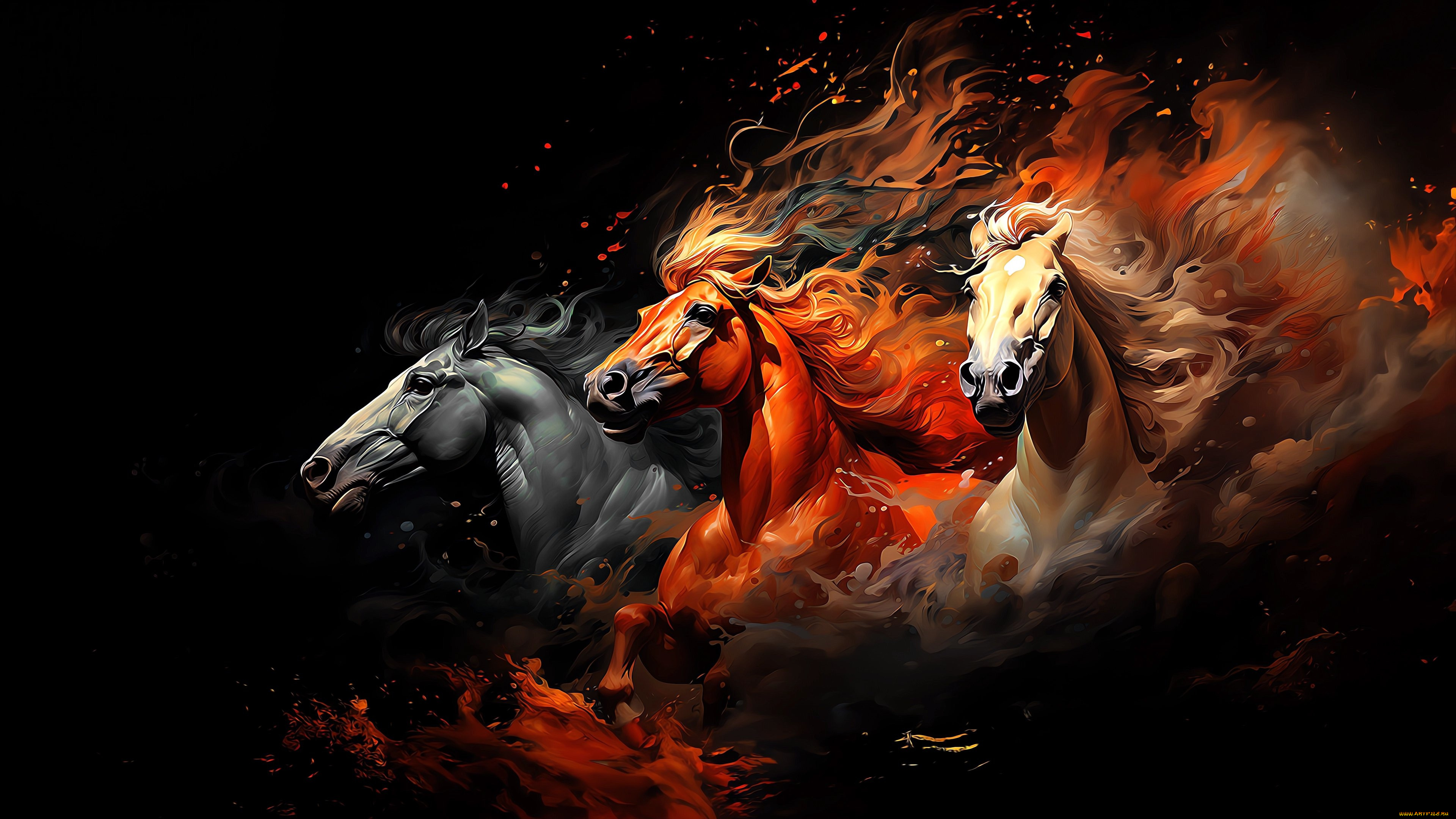 рисованное, животные, , лоси, horses, three, black, background, три, лошади, красивое, создание, природы