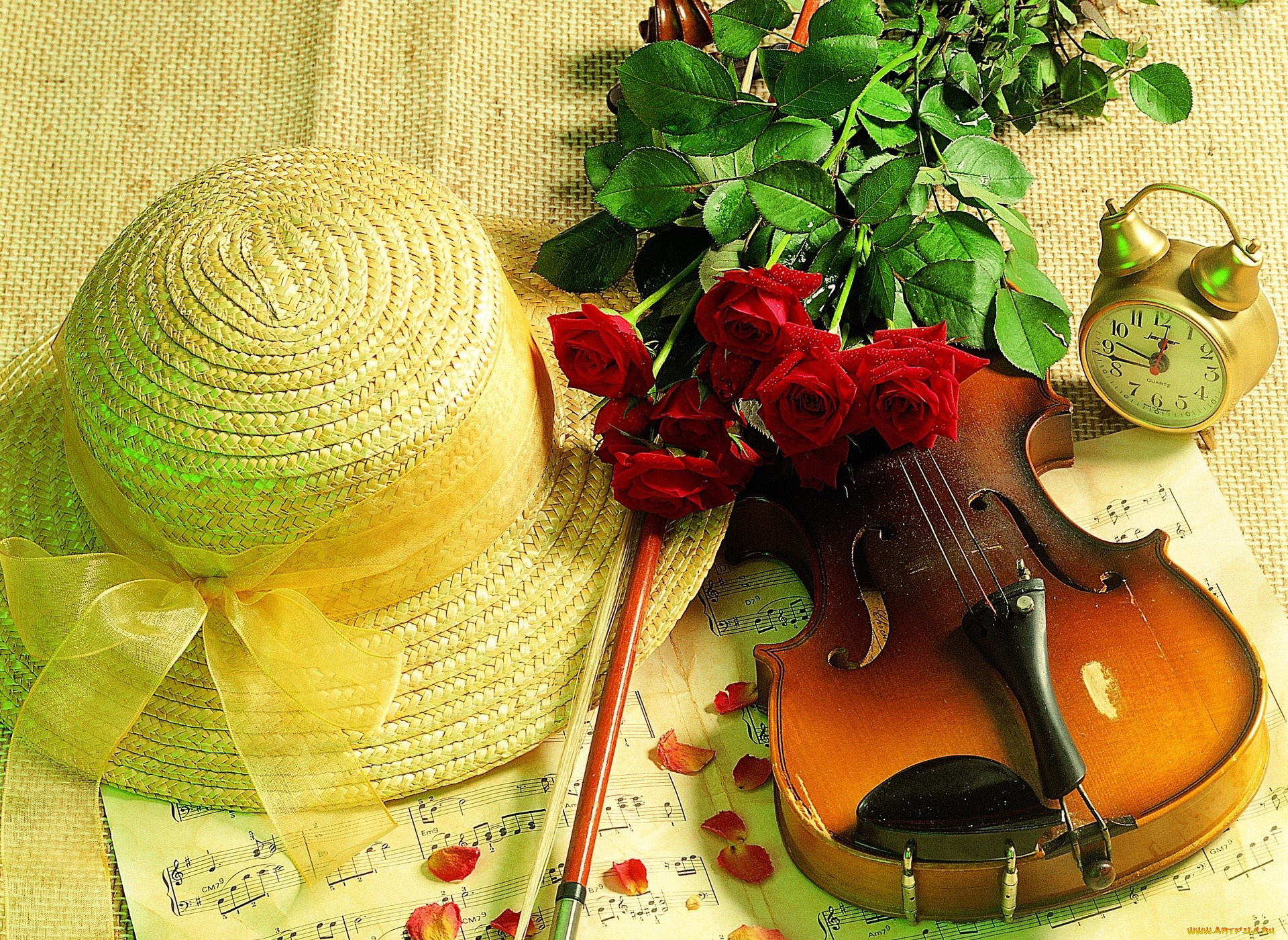 музыка, музыкальные, инструменты, скрипка, шляпка, розы, будильник