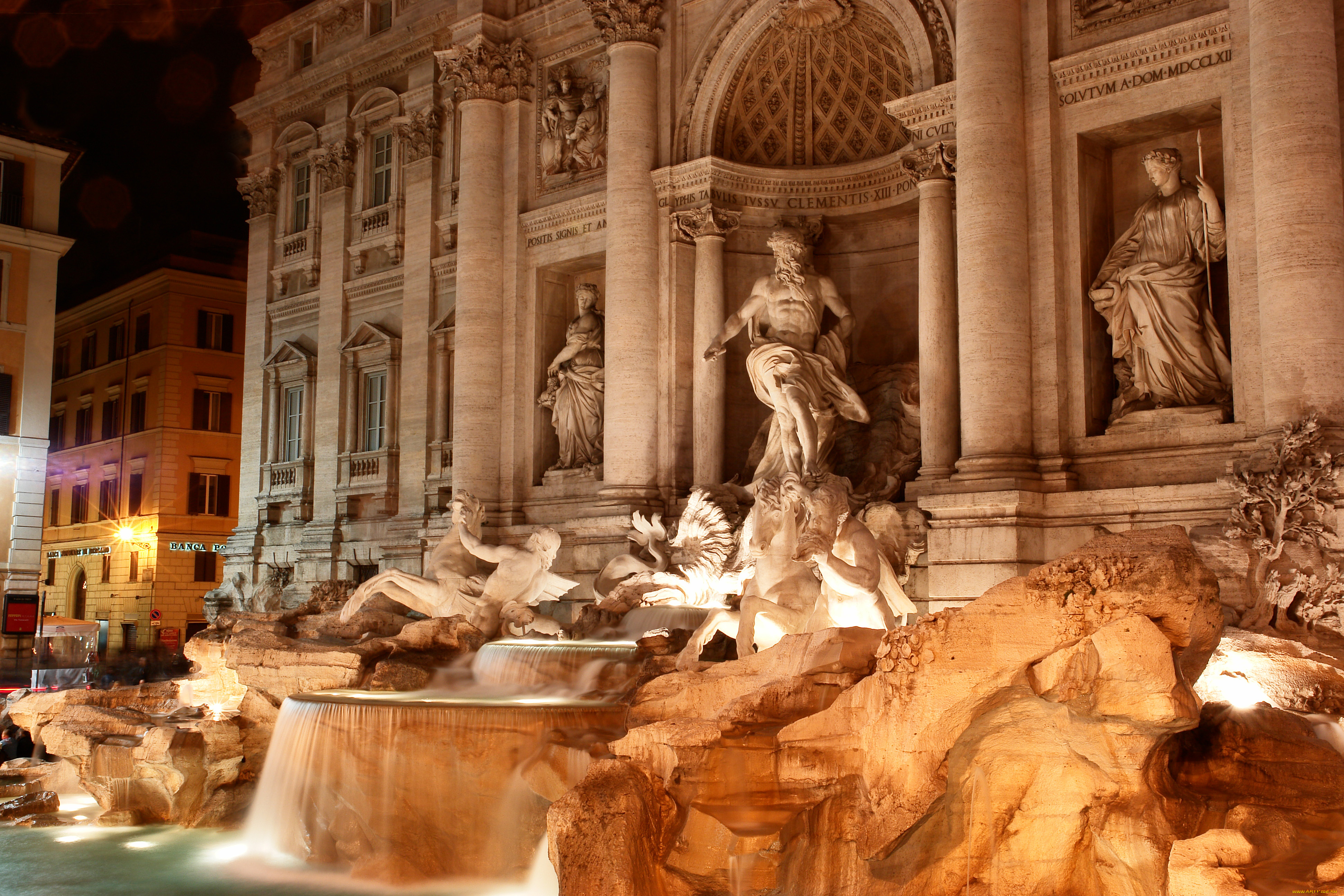 fontana, di, trevi, notte, города, рим, ватикан, италия, фонтан, дворец