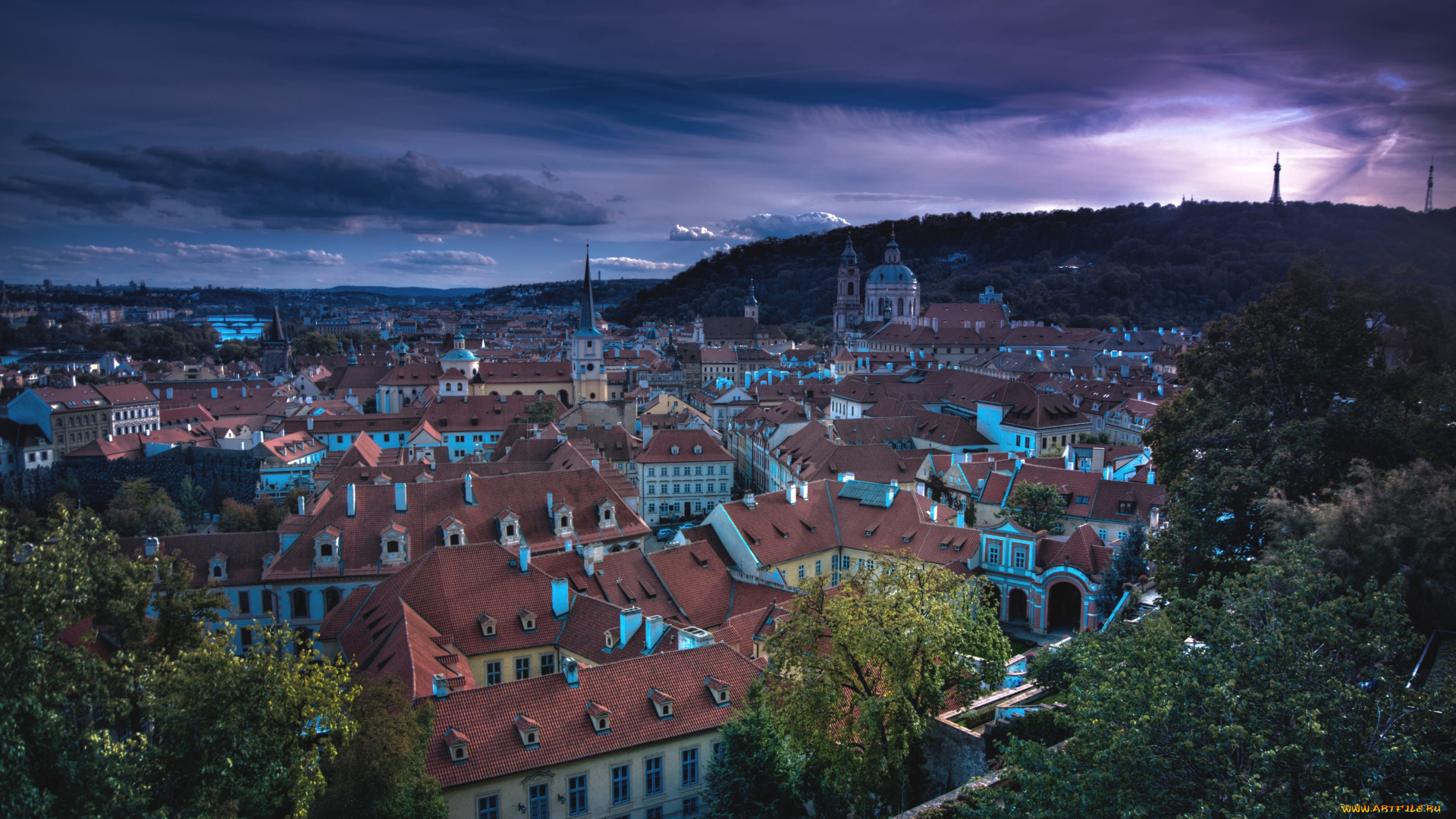 города, прага, Чехия, панорама, вечер, крыши