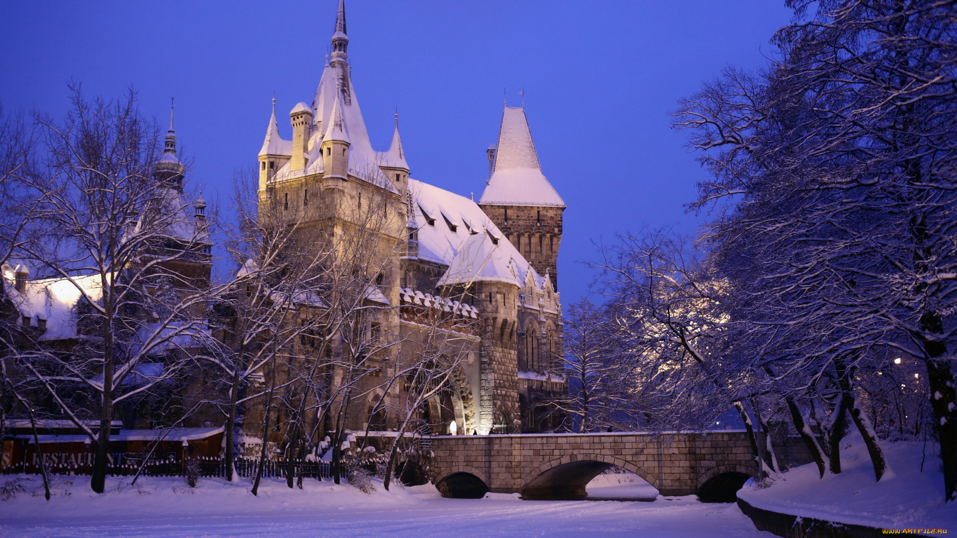 vajdahunyad, castle, budapest, hungary, города, будапешт, венгрия, снег, зима, замок