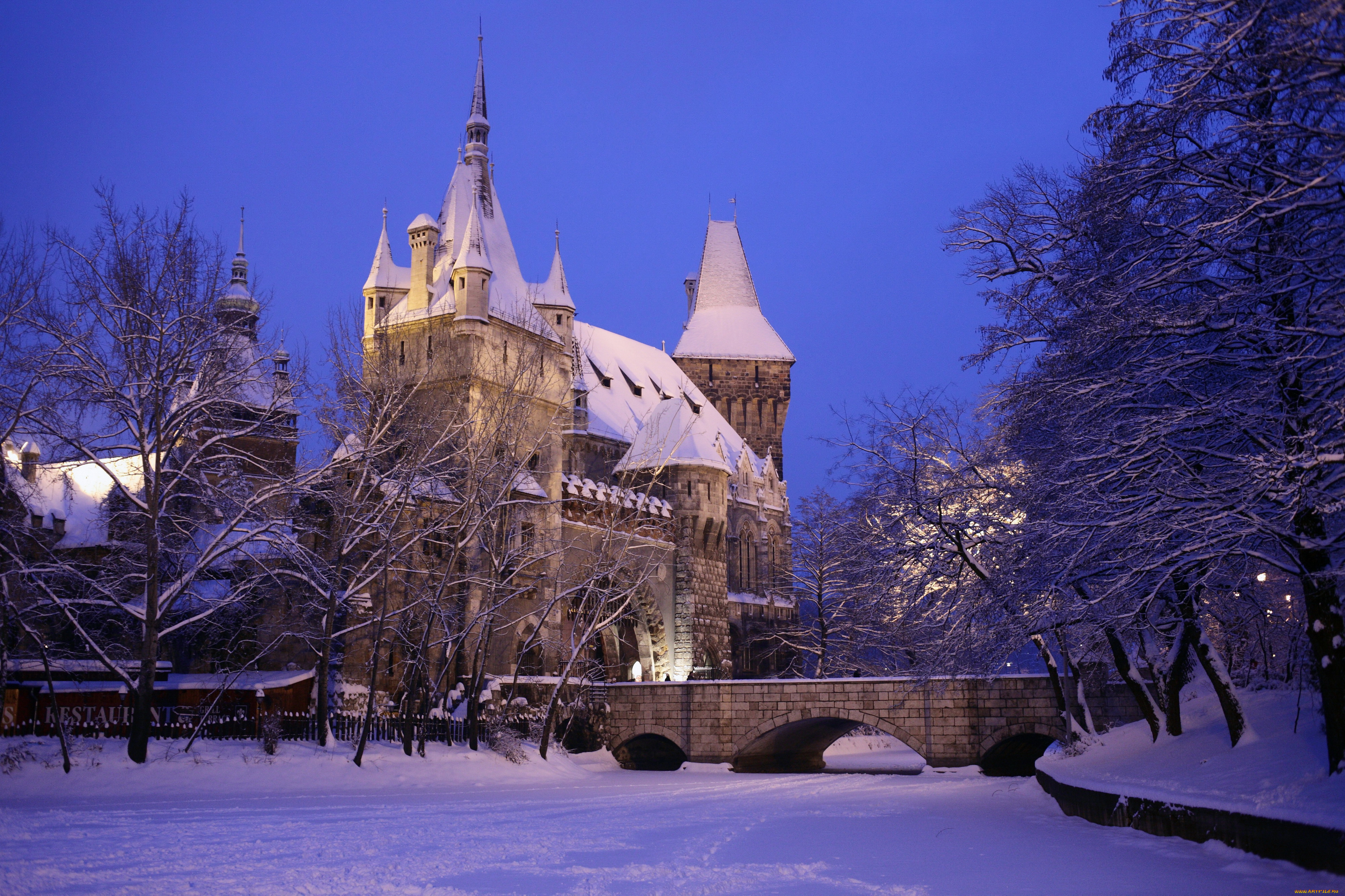 vajdahunyad, castle, budapest, hungary, города, будапешт, венгрия, снег, зима, замок