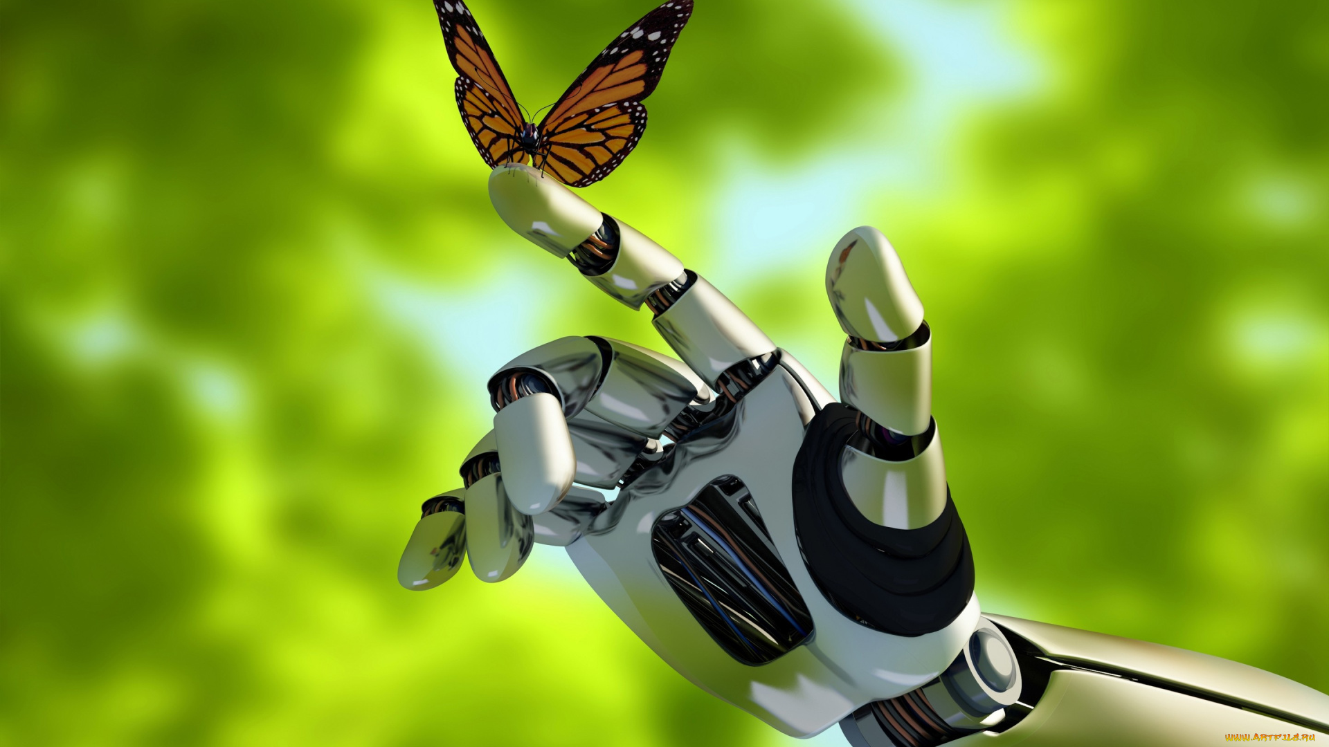 3д, графика, _science, fiction, механизм, андроид, робот, technology, природа, контакт, бабочка, рука, android, robot