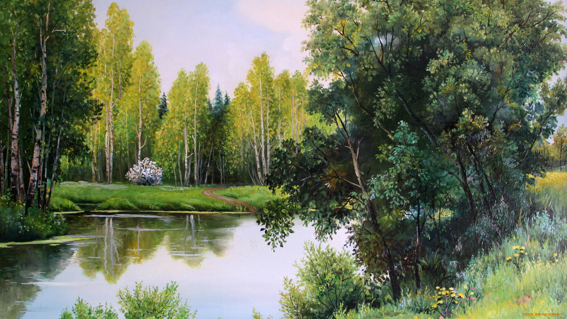 рисованное, живопись, gorbatenko, полотно, рисунок, лес, речка, деревья, берег, лодка, кусты, пейзаж, природа, may, greens