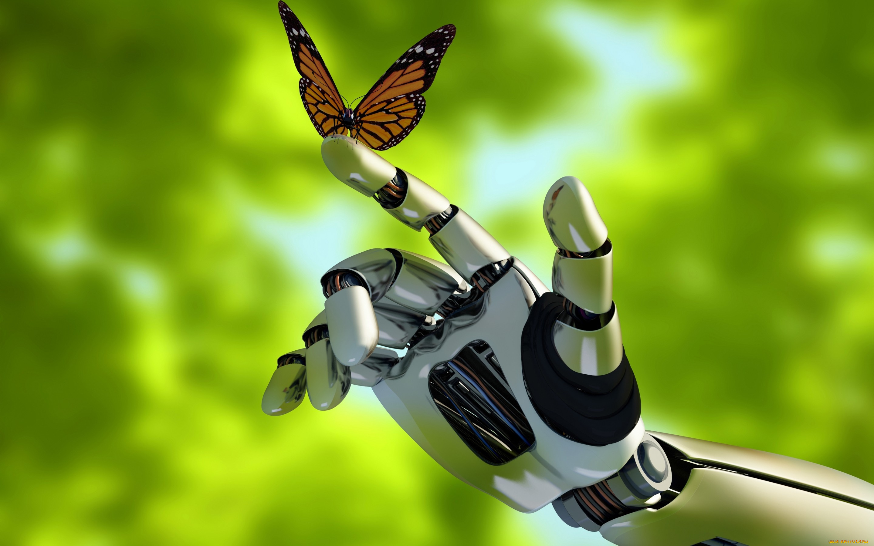 3д, графика, _science, fiction, механизм, андроид, робот, technology, природа, контакт, бабочка, рука, android, robot