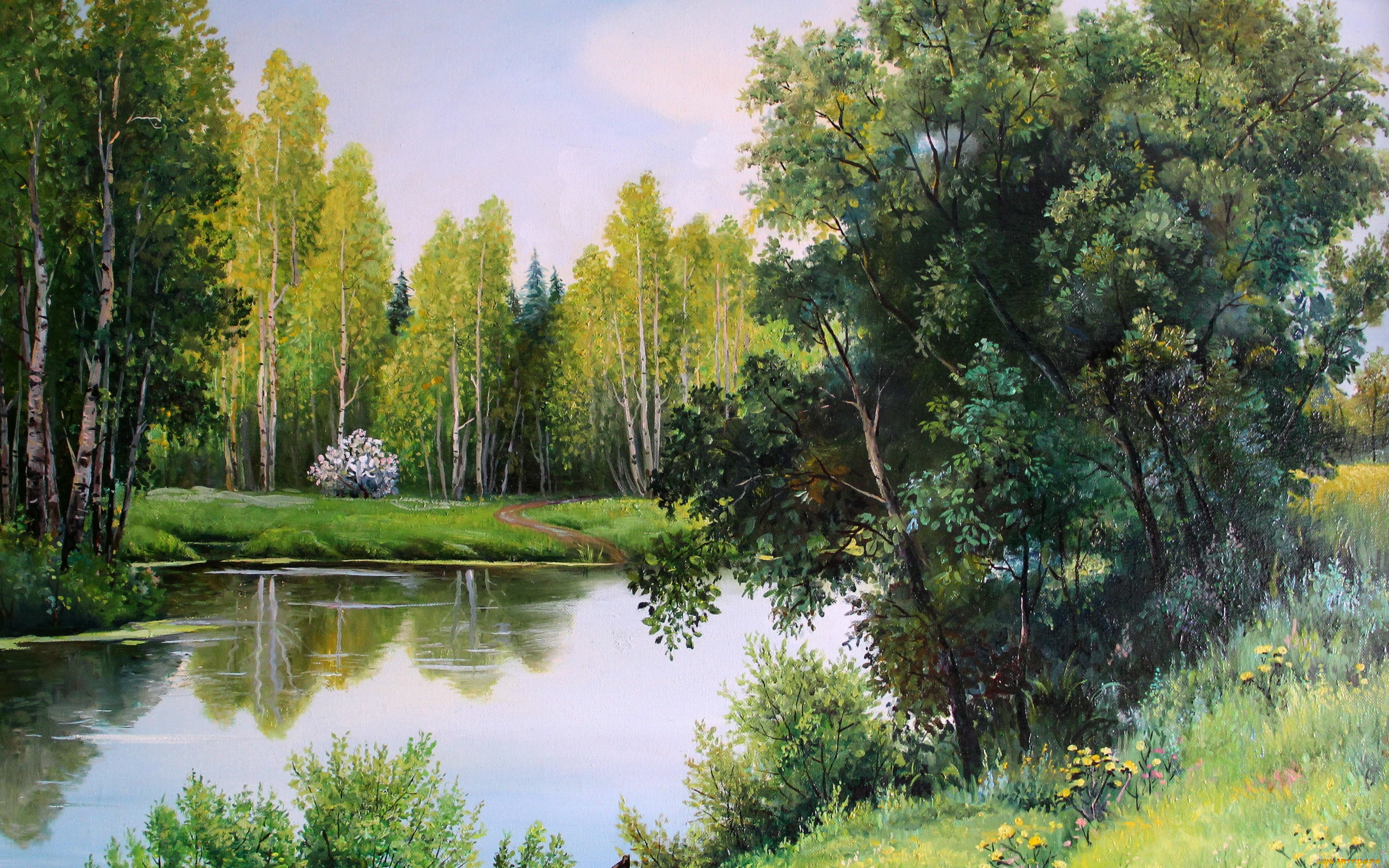 рисованное, живопись, gorbatenko, полотно, рисунок, лес, речка, деревья, берег, лодка, кусты, пейзаж, природа, may, greens