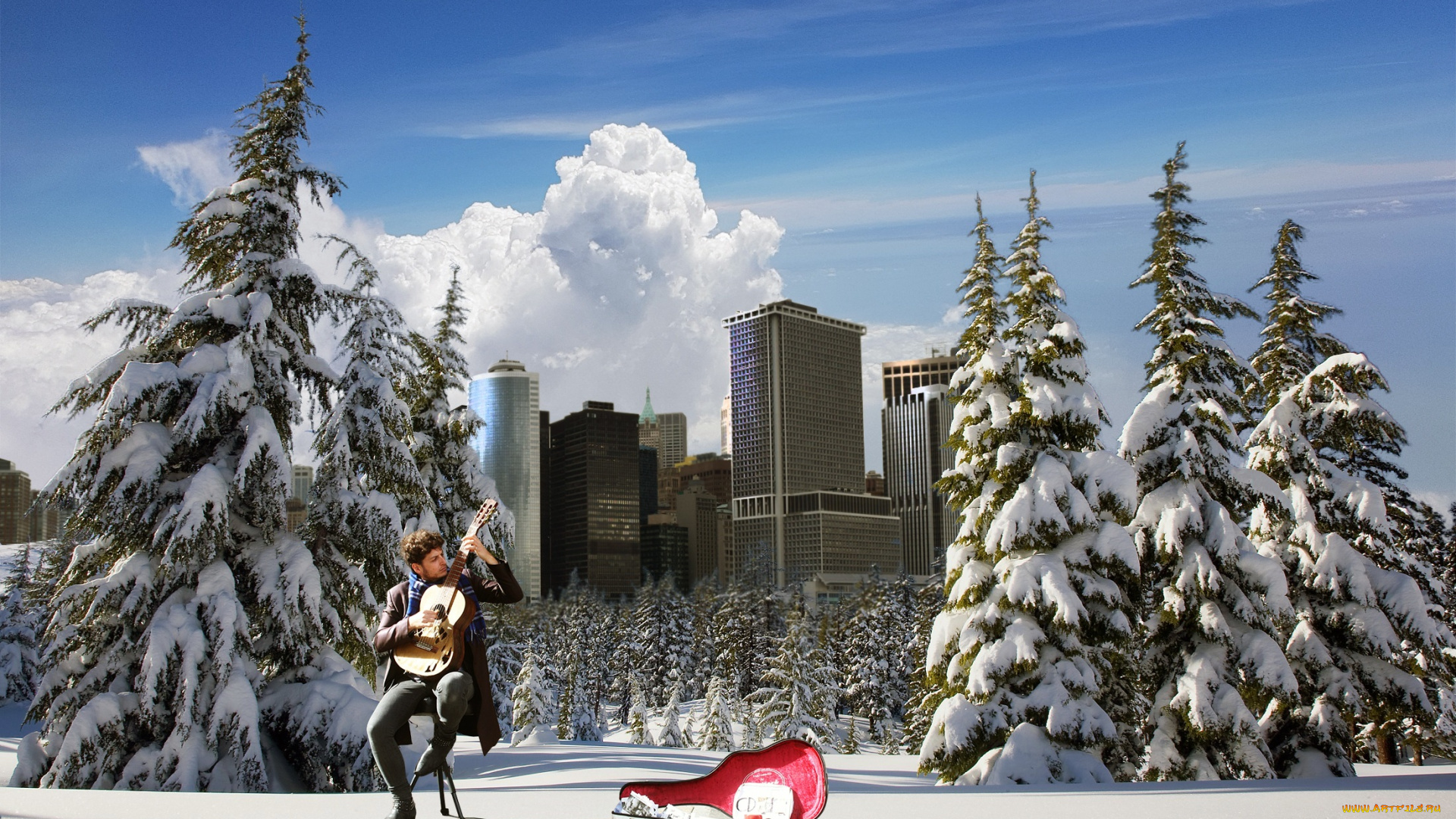 музыка, -другое, здание, снег, деревья, гитара, мужчина