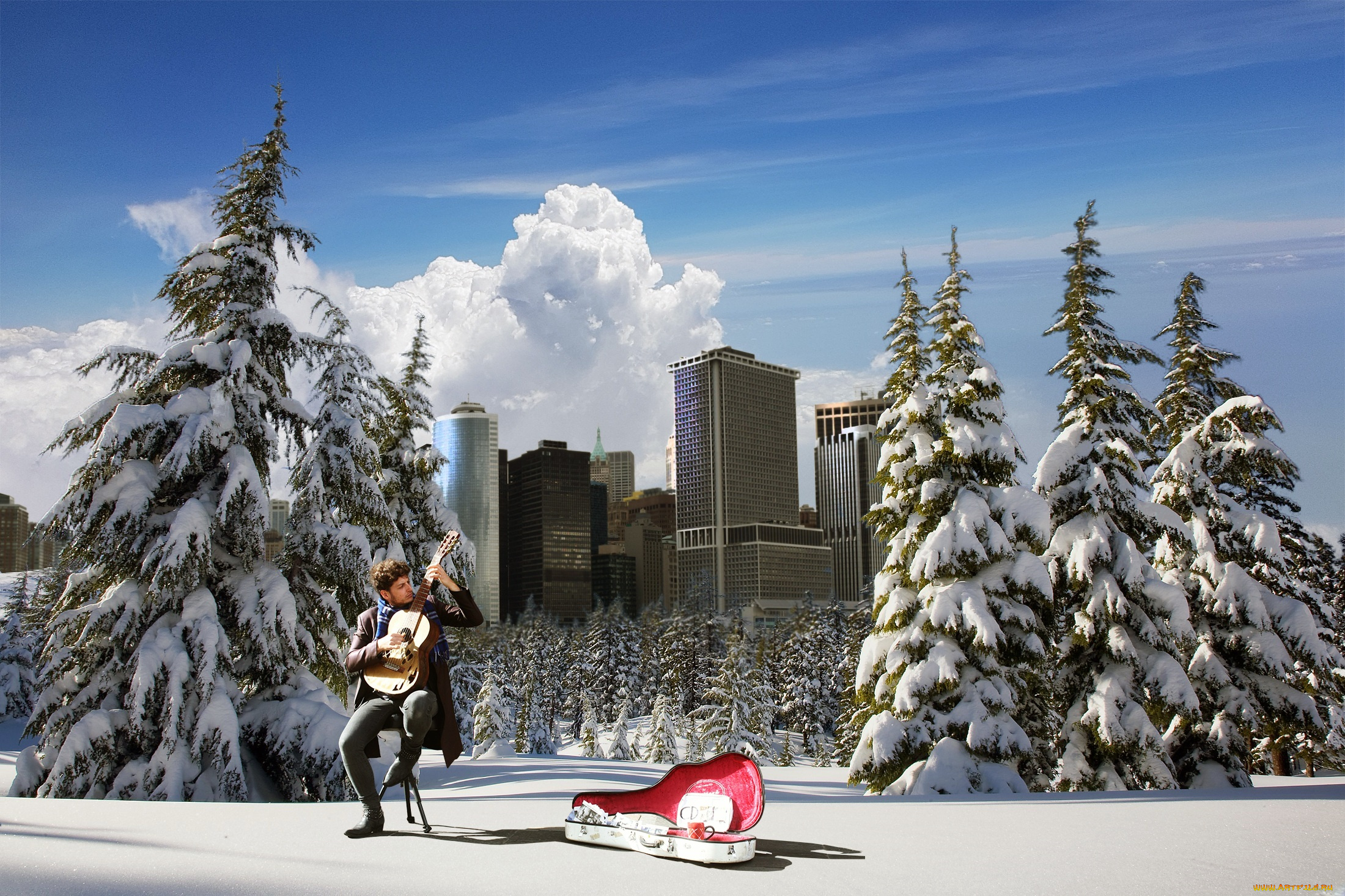 музыка, -другое, здание, снег, деревья, гитара, мужчина