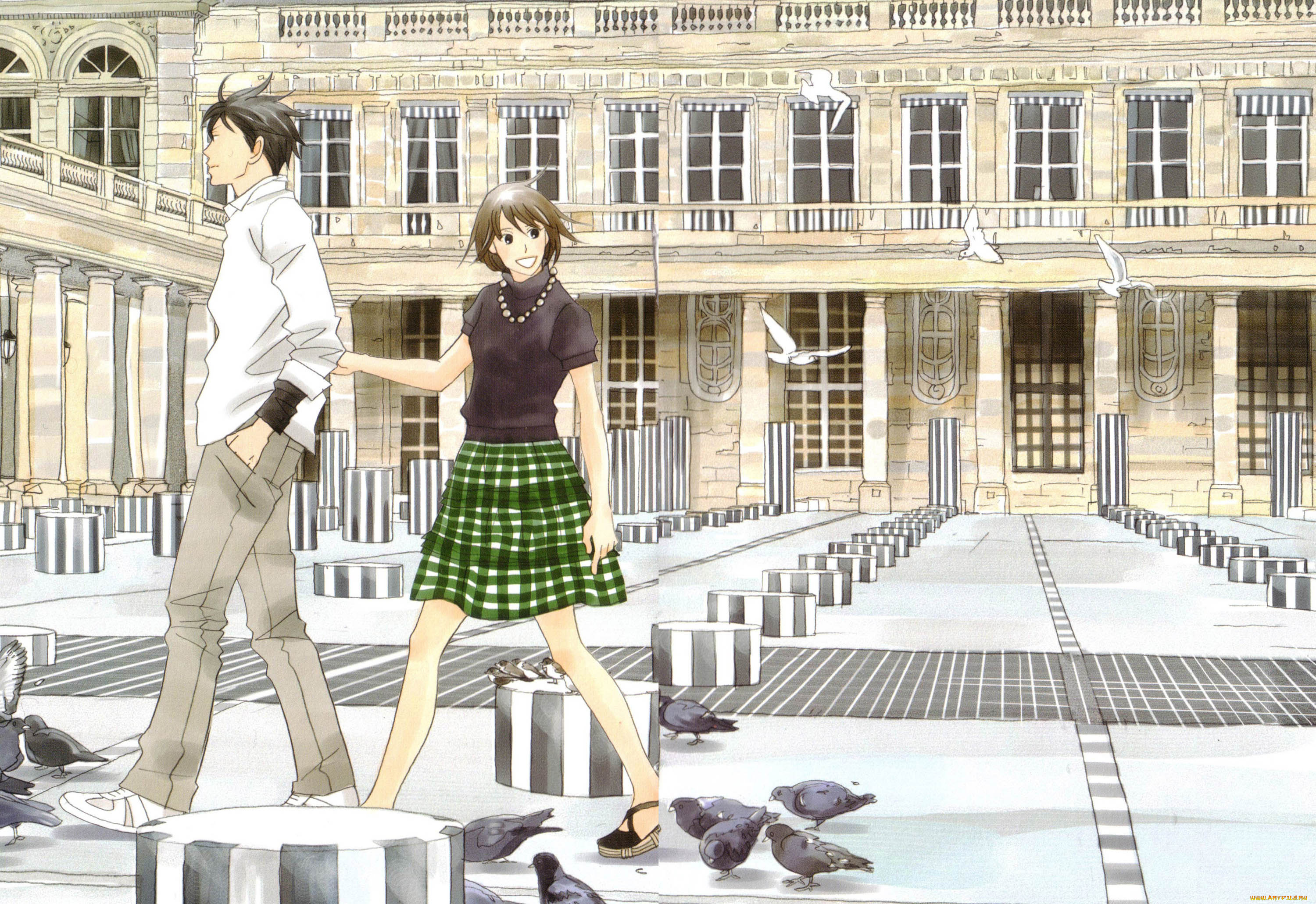 аниме, nodame, cantabile, пара, девушка, парень, дворец, здание, голуби