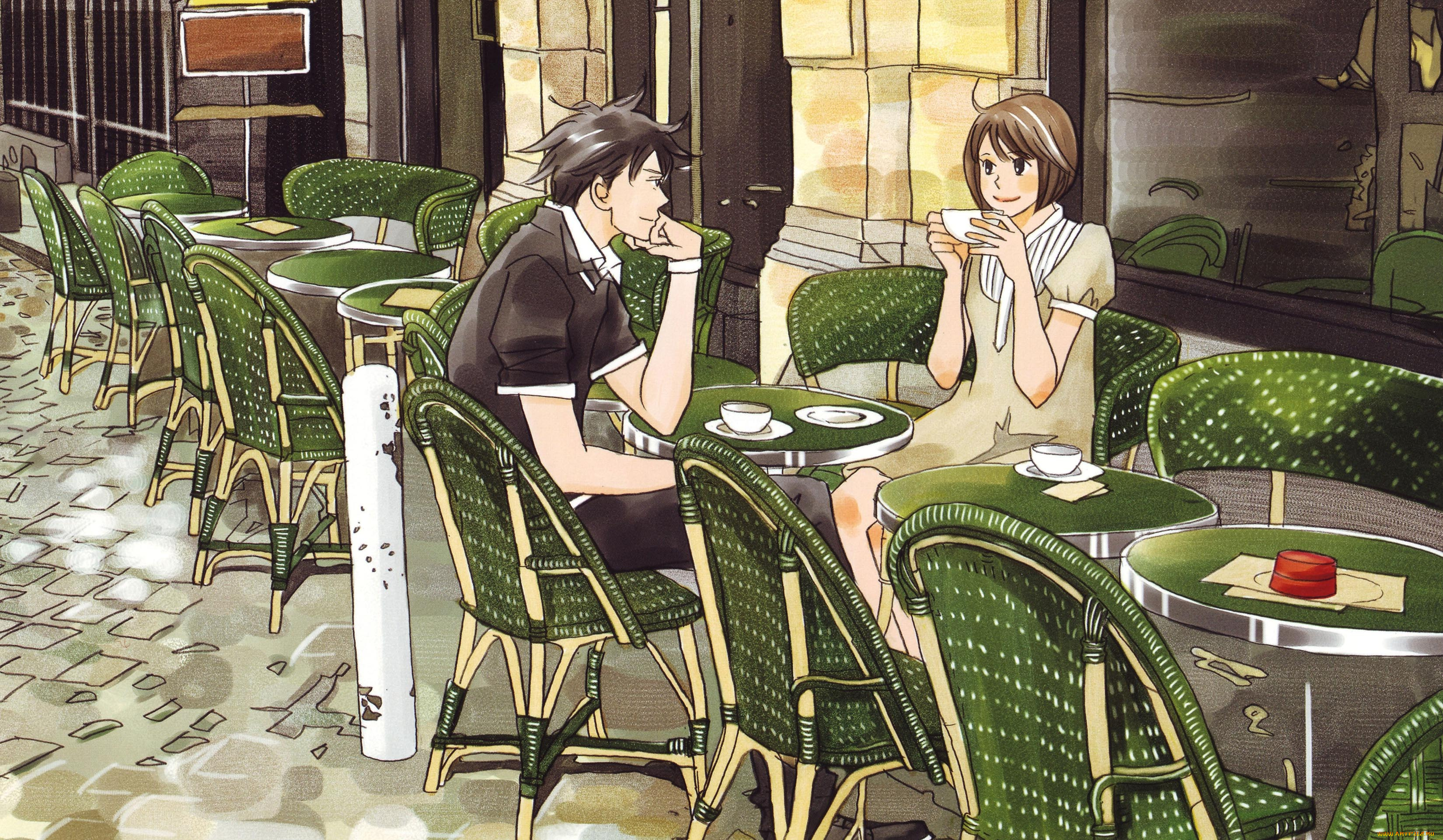 аниме, nodame, cantabile, улица, кафе, пара, девушка, парень