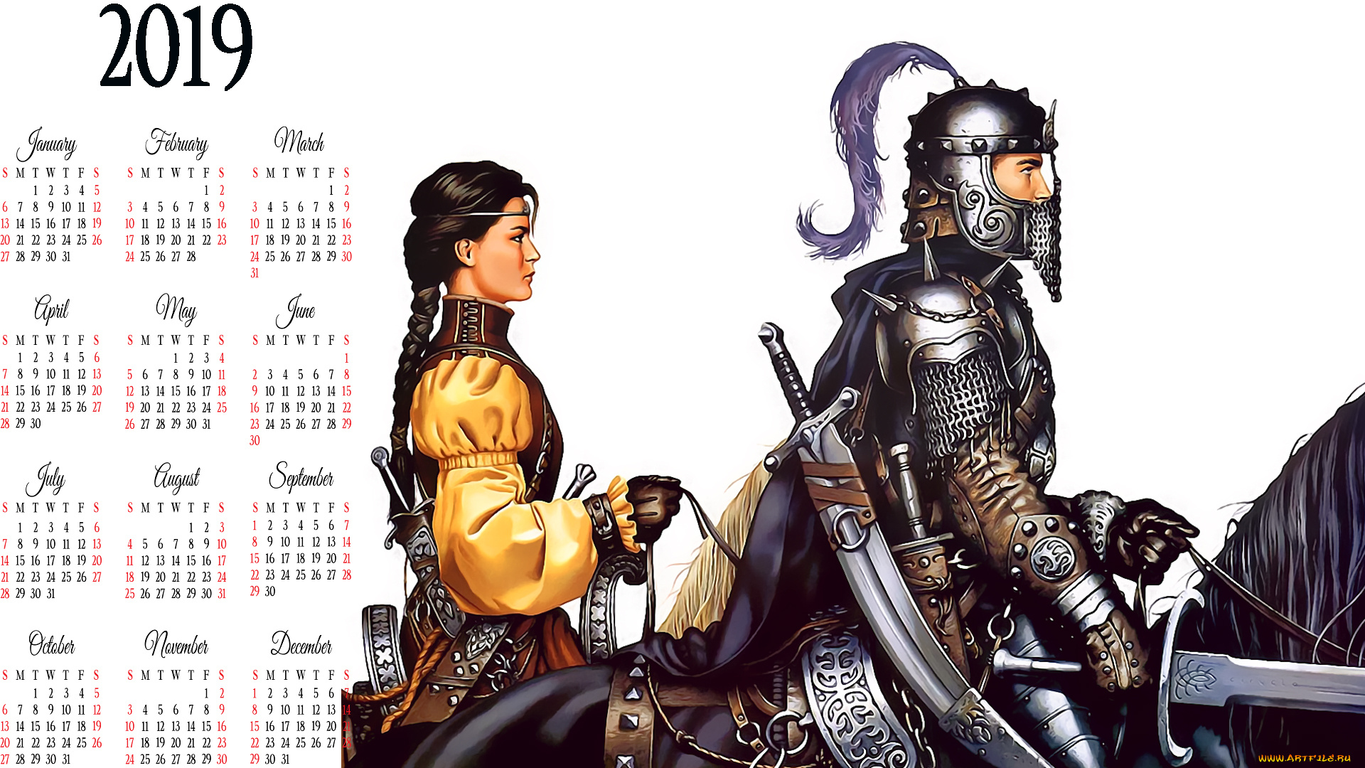 календари, фэнтези, шлем, доспехи, оружие, лошадь, девушка, конь, мужчина