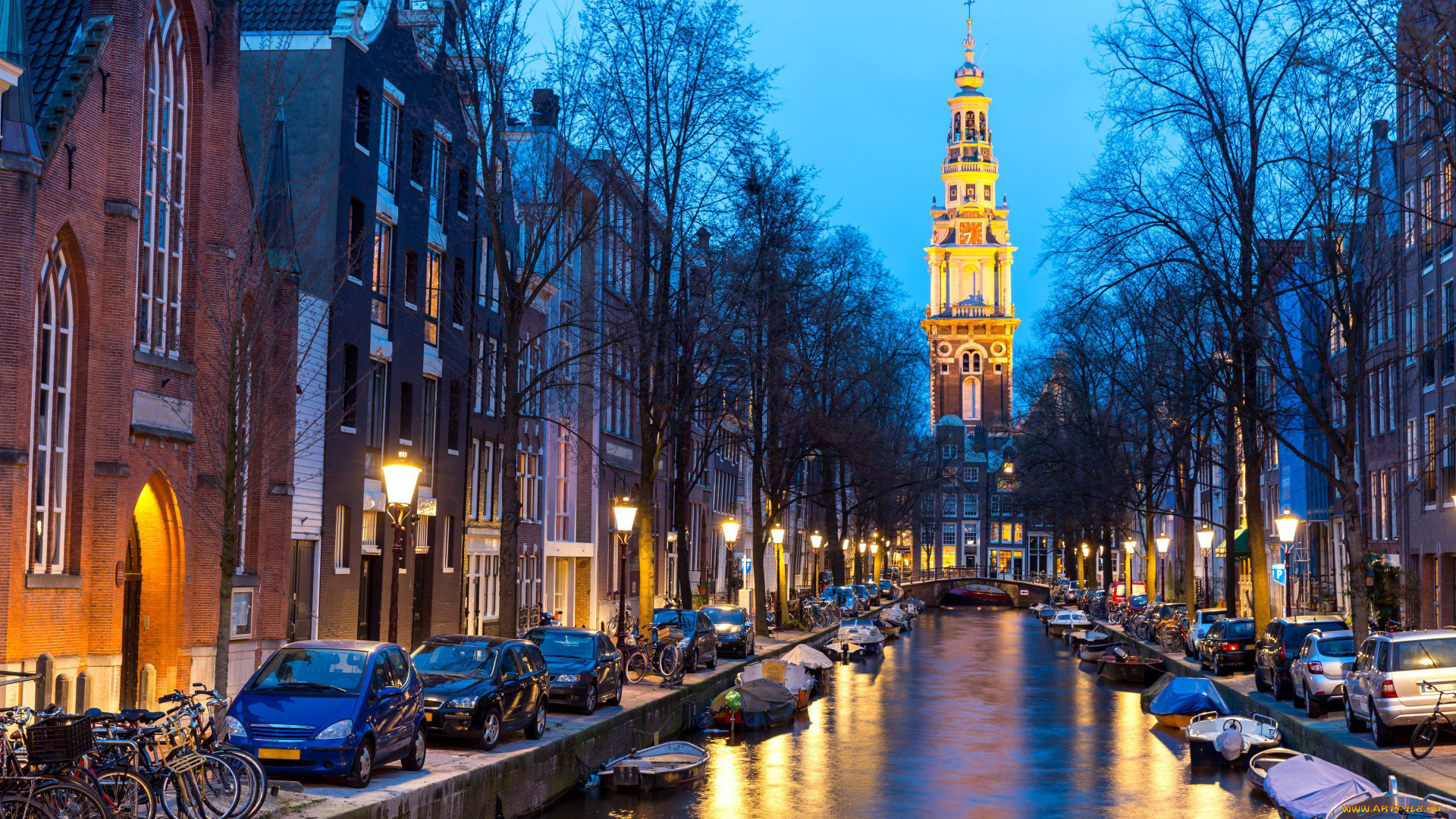 города, амстердам, , нидерланды, канал, лодки, вечер, огни