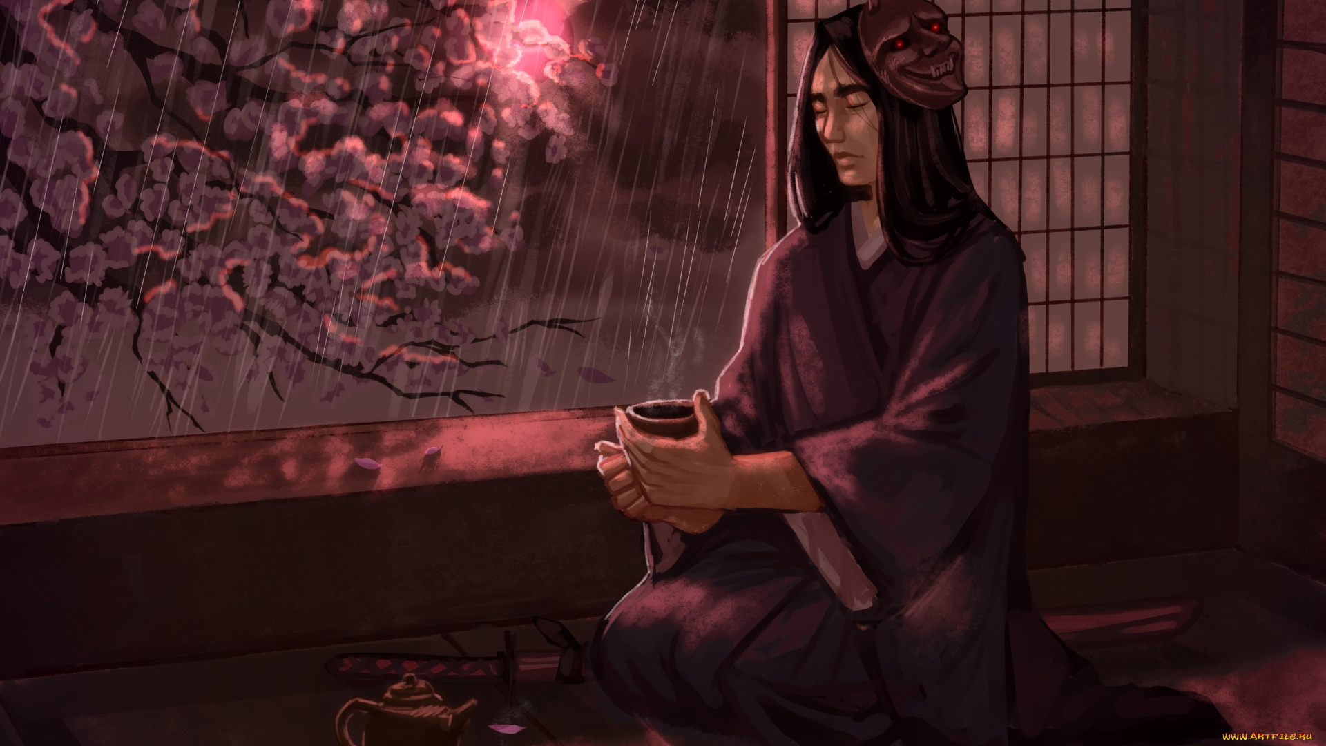 рисованное, люди, самурай, напиток, окно, дождь, сакура