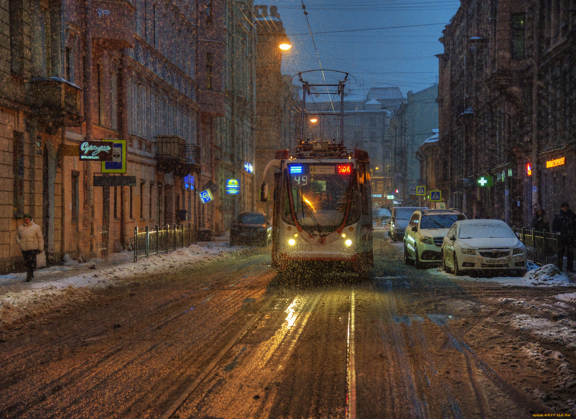 города, санкт-петербург, , петергоф, , россия, санкт, петербург, городской, вид, трамвай, автомобиль, улица, зима, нoчь