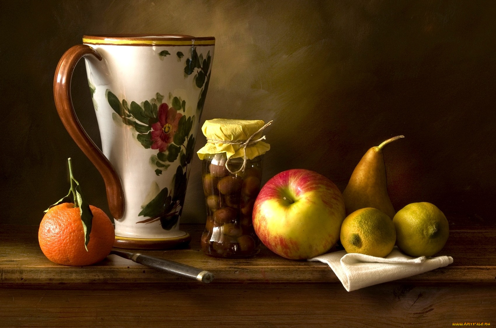 еда, натюрморт, яблоко, мандарин, груша, лимон, чашка, оливки