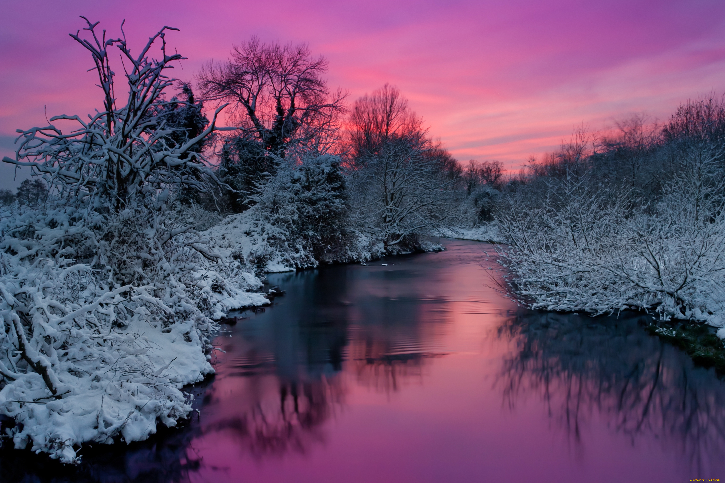 природа, зима, ночь, снег, река