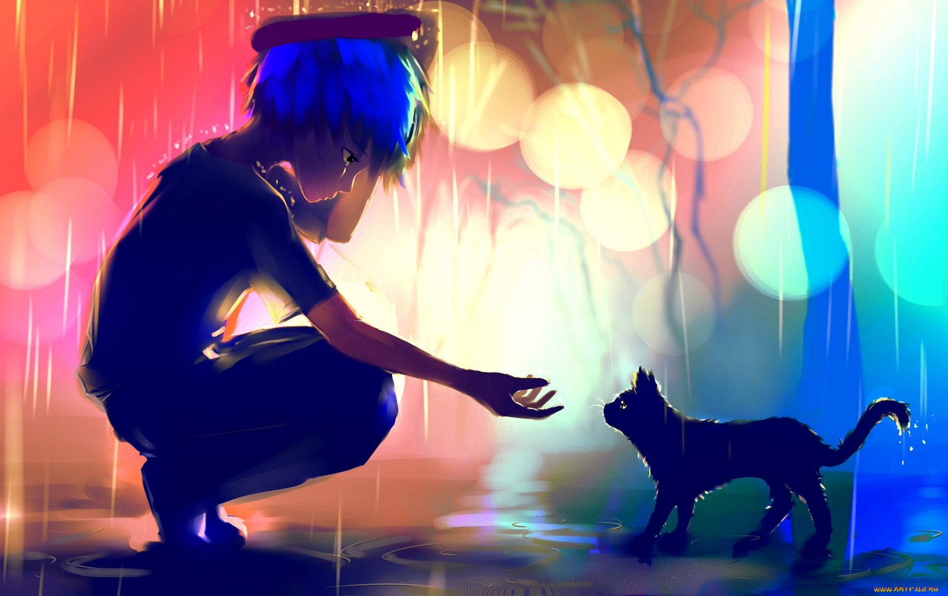 аниме, -animals, кот, дождь, парень, kayas, арт, лужи, огни, рука