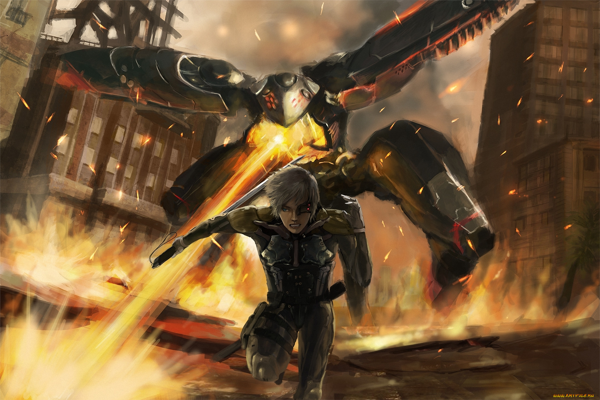 аниме, -weapon, , blood, &, technology, огонь, бег, город, оружие, меха, робот, меч, парень