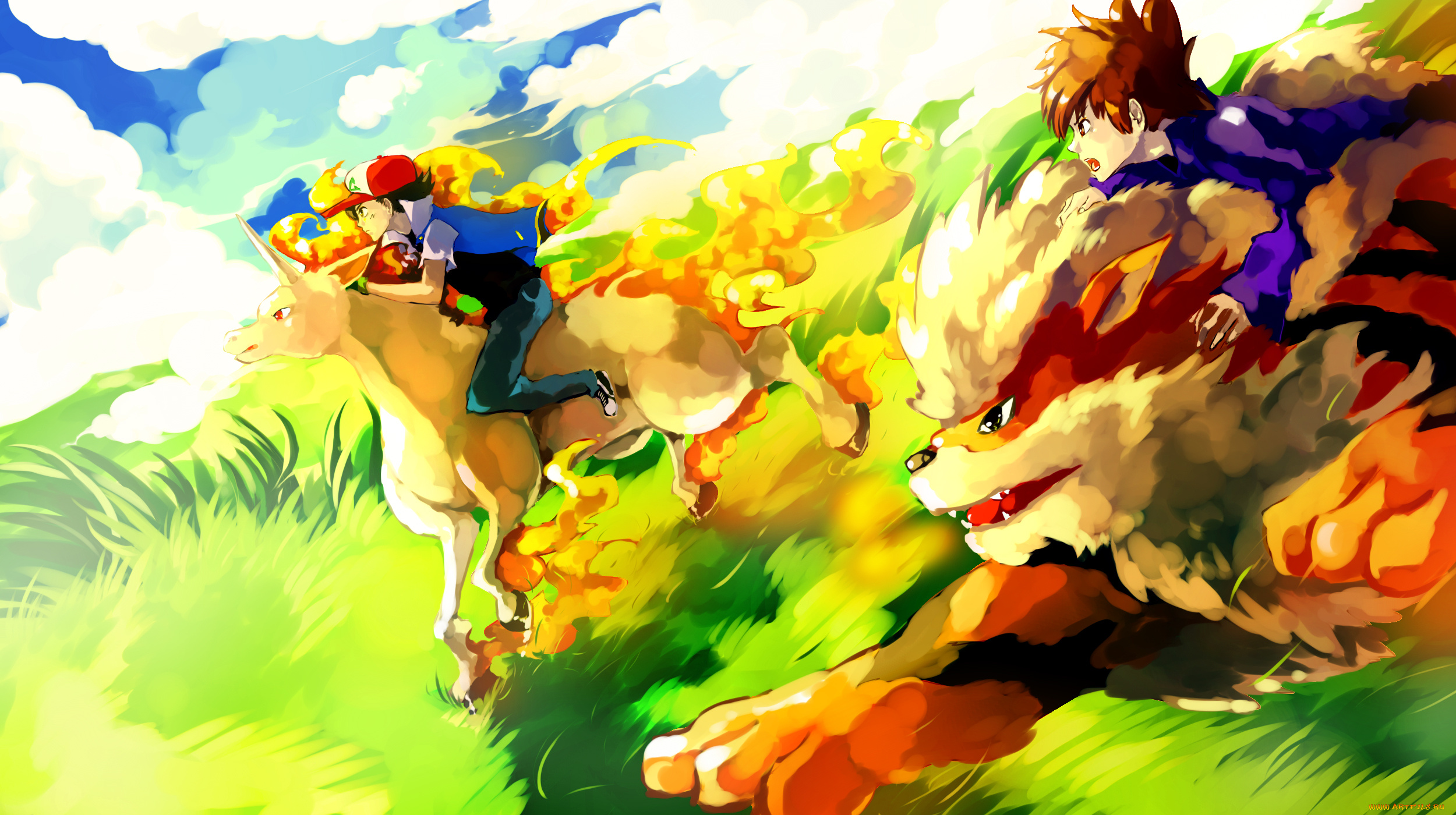 аниме, pokemon, облака, небо, кетчум, парни, ярко, эш, соревнование, покемон, лошадь, тигр, трава
