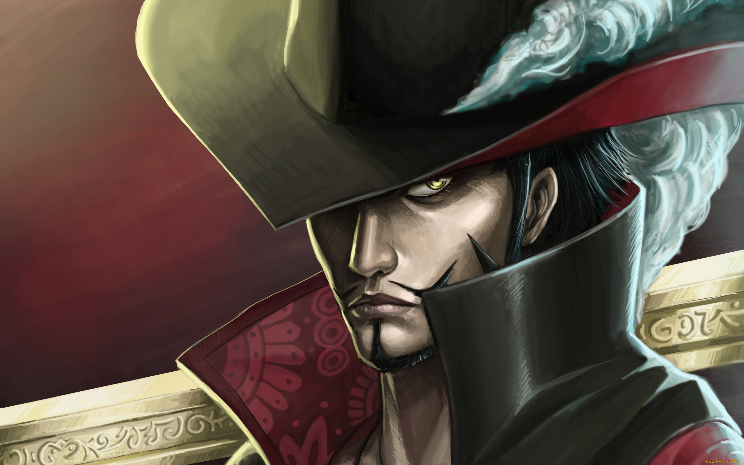 аниме, one, piece, one, piece, перо, взгляд, dracule, mihawk, парень, шляпа, оружие, penator, art