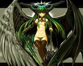Картинка аниме -angels+&+demons хвост крылья рога меч демон оружие девушка kotoba noriaki арт улыбка грудь нимб