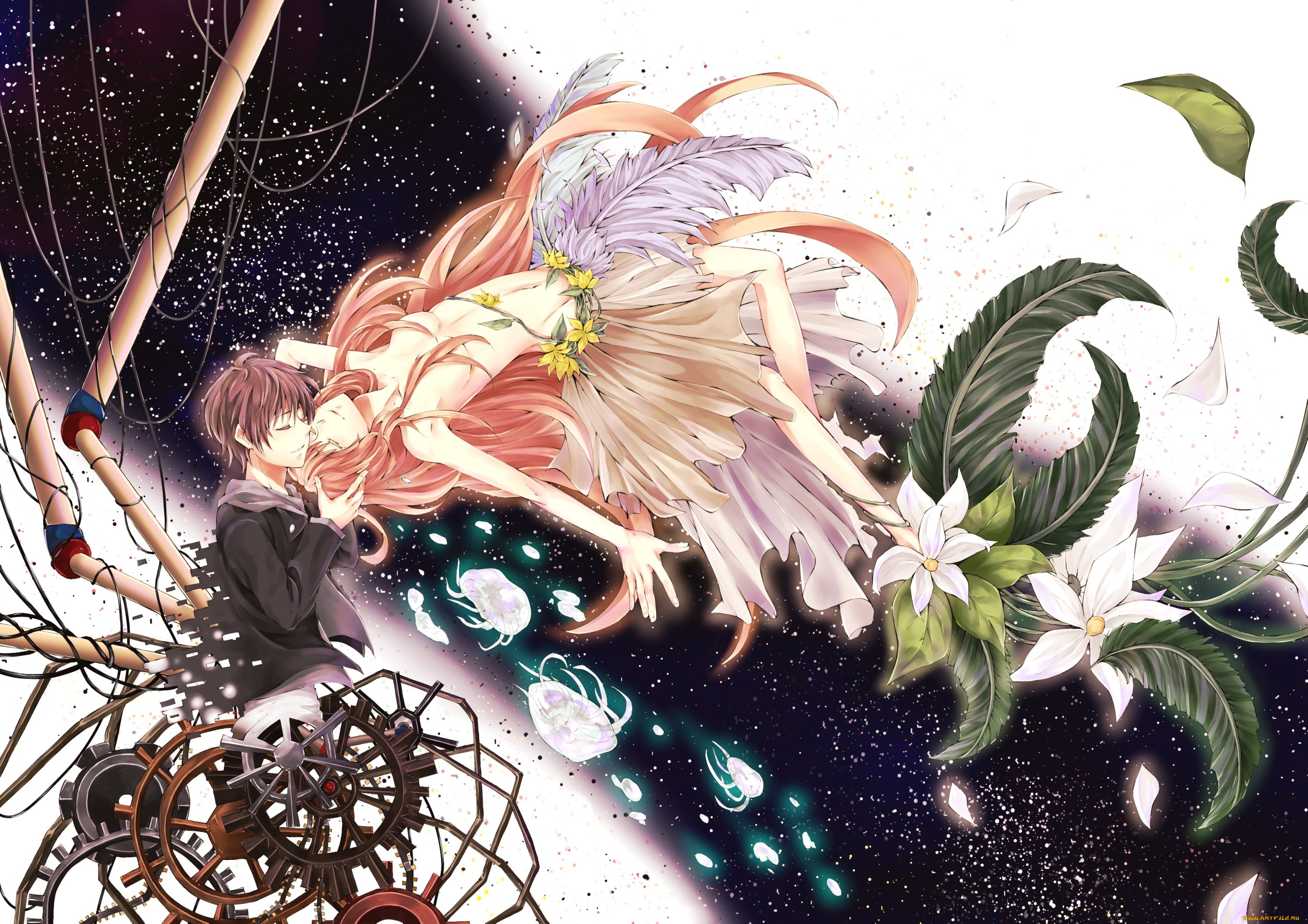 аниме, *unknown, , другое, девушка, парень, коляска, цветы, перья, звезды, космос, небо, механизм, медузы, растения, листья